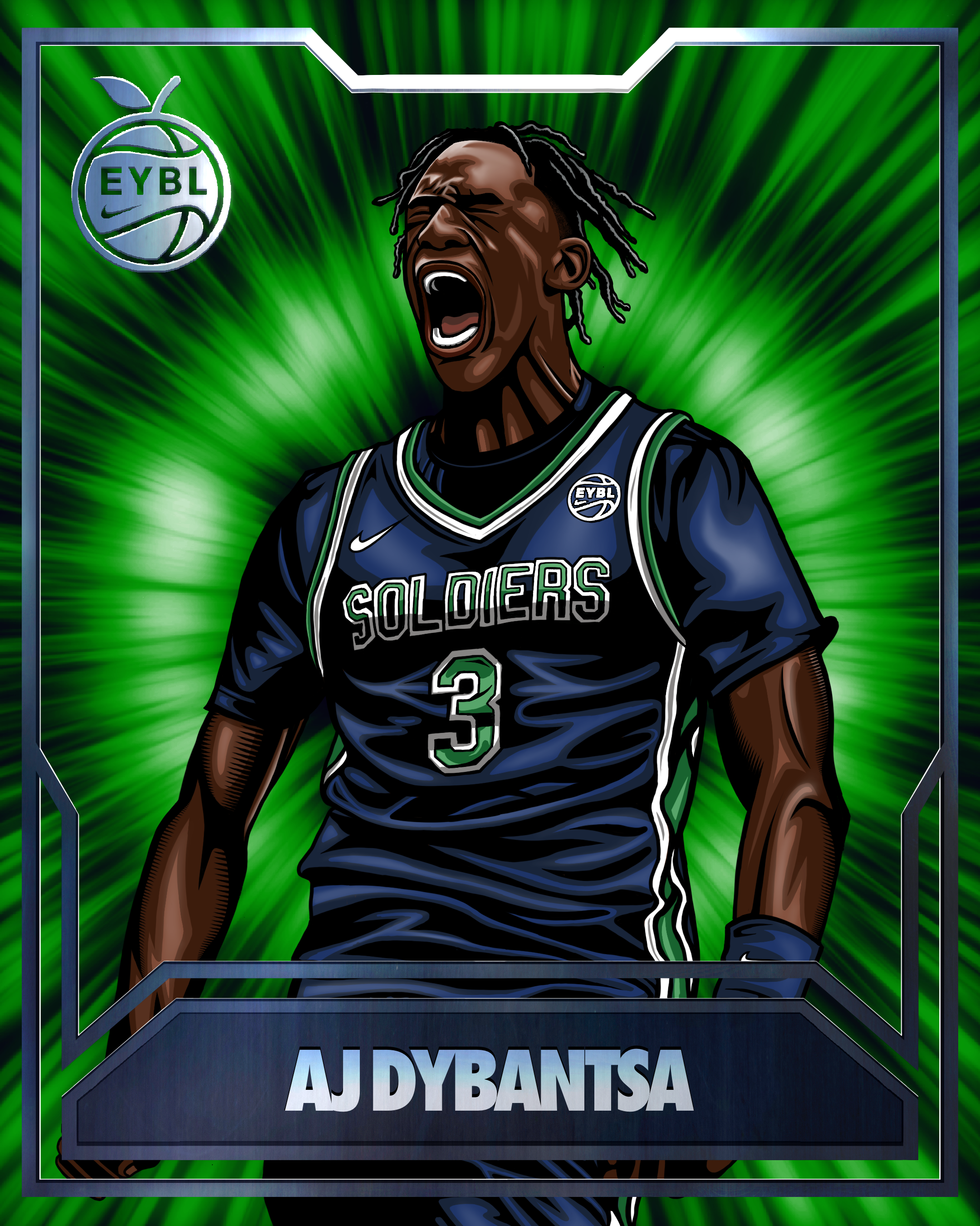 Digital illustration of a basketball player mid-shout, wearing a navy blue jersey with 'Soldiers' and number 3, with a green and black background and logos of EYBL.