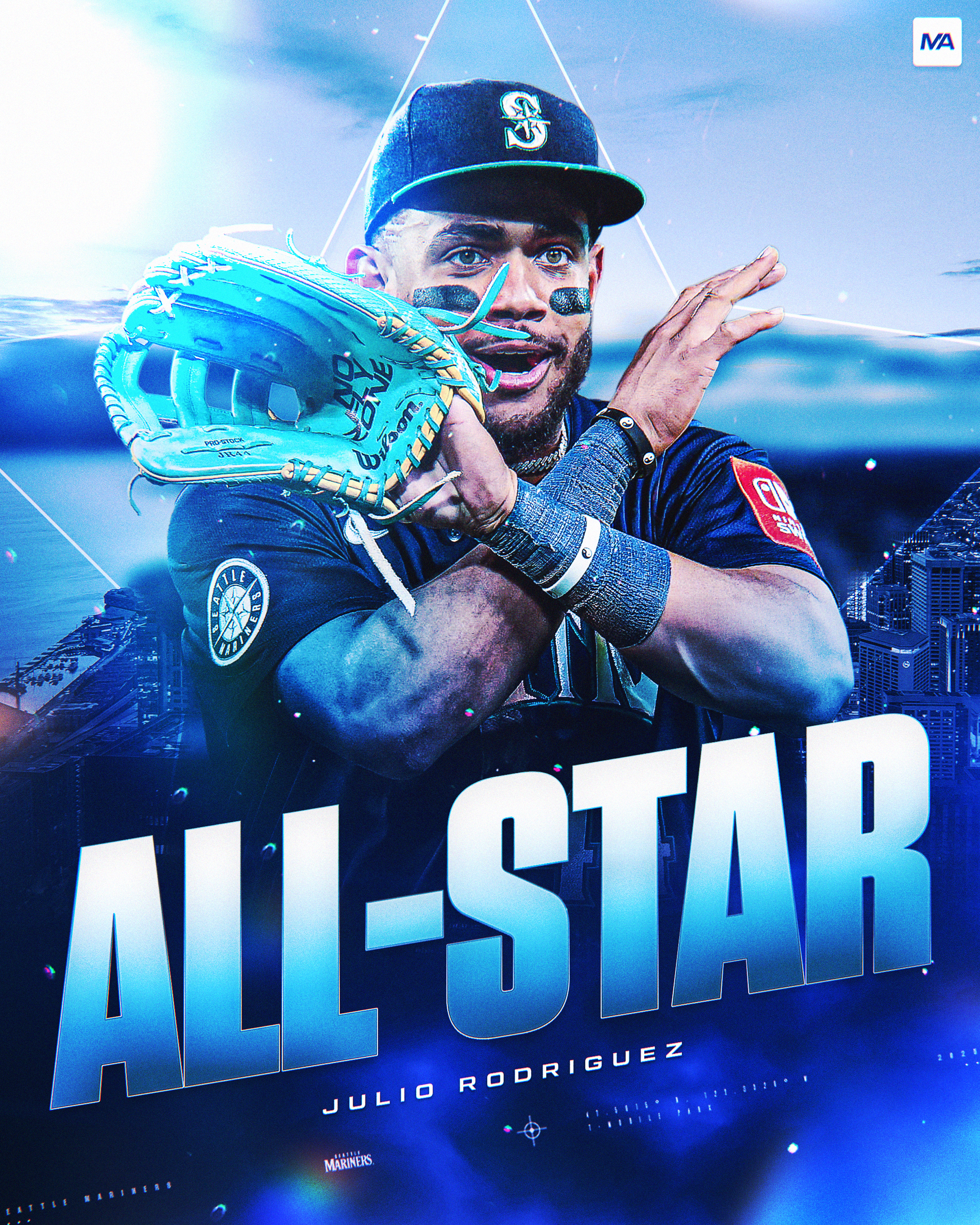 A sports-themed digital artwork featuring Julio Rodriguez, a Seattle Mariners baseball player, wearing a Mariners cap and uniform, holding a baseball glove. The background includes city buildings and a blue color scheme with text reading 'ALL-STAR' a
