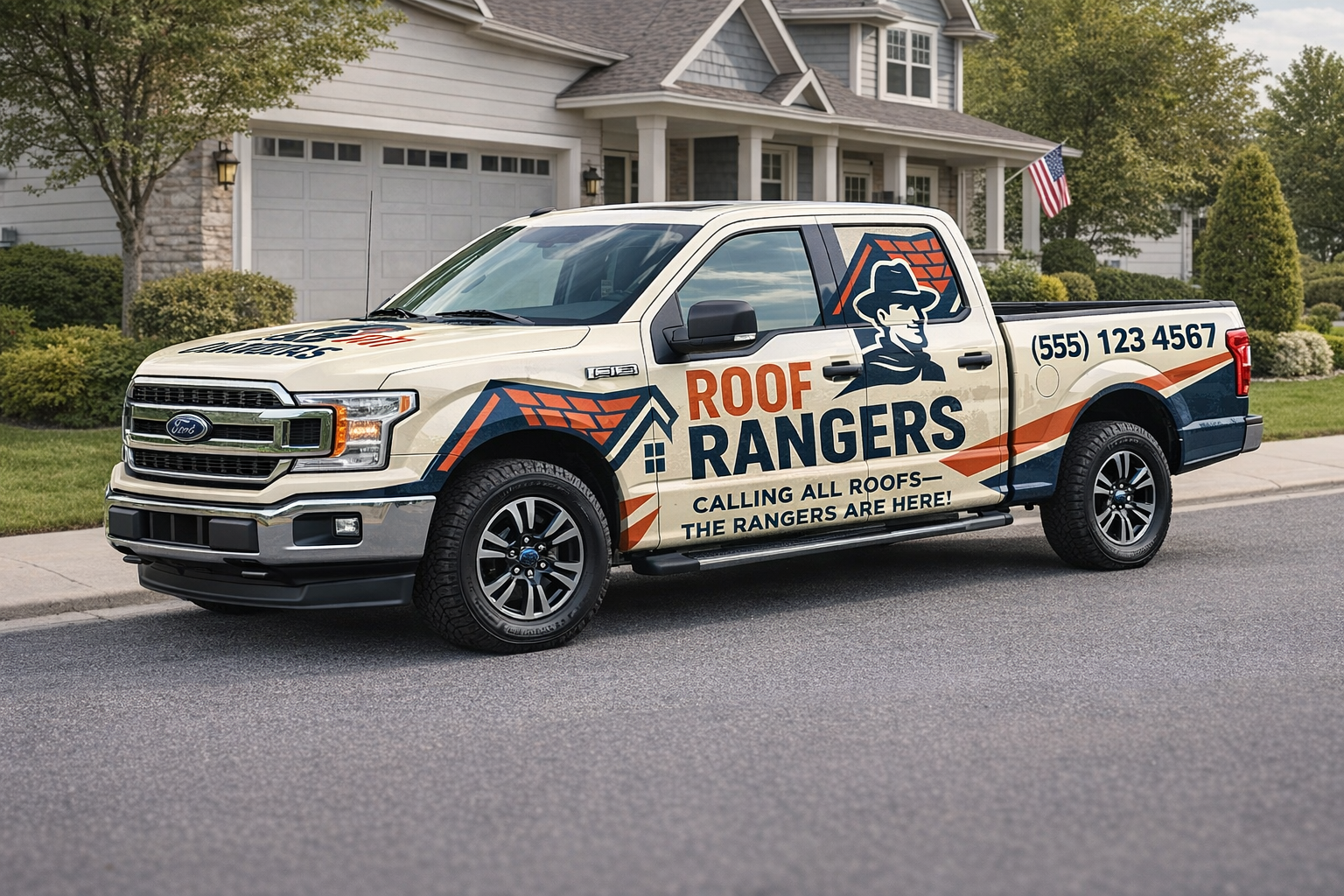 A Ford pickup truck parked on a residential street, branded with a roofing company's logo and contact information, featuring a graphic of a ranger with a hat and the slogan 'Calling all roofs – The Rangers are here!'