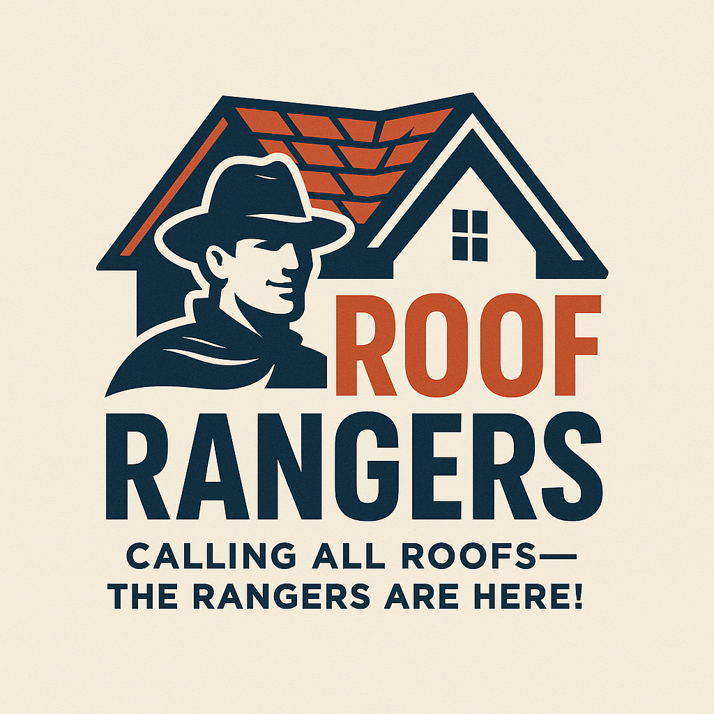 Logo for Roof Rangers featuring a man in a hat and a house with a pitched roof, along with the text "Roof Rangers" and "Calling all roofs—the rangers are here!"