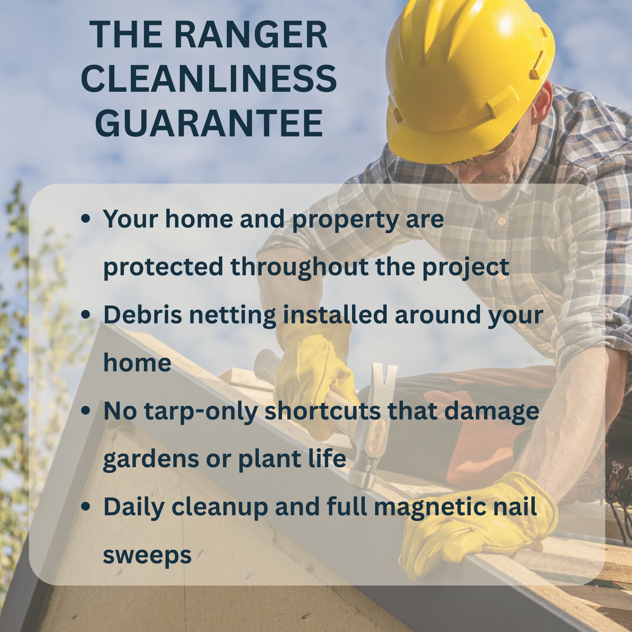 A person wearing a yellow safety helmet and yellow gloves is working on a construction or renovation project outdoors on a sunny day, with a blue sky and some trees in the background.