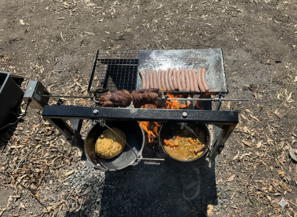 The Fire-Que Pro Swivel Cooker Hotplate & Fire-pit including Stainless Pro Rotisserie