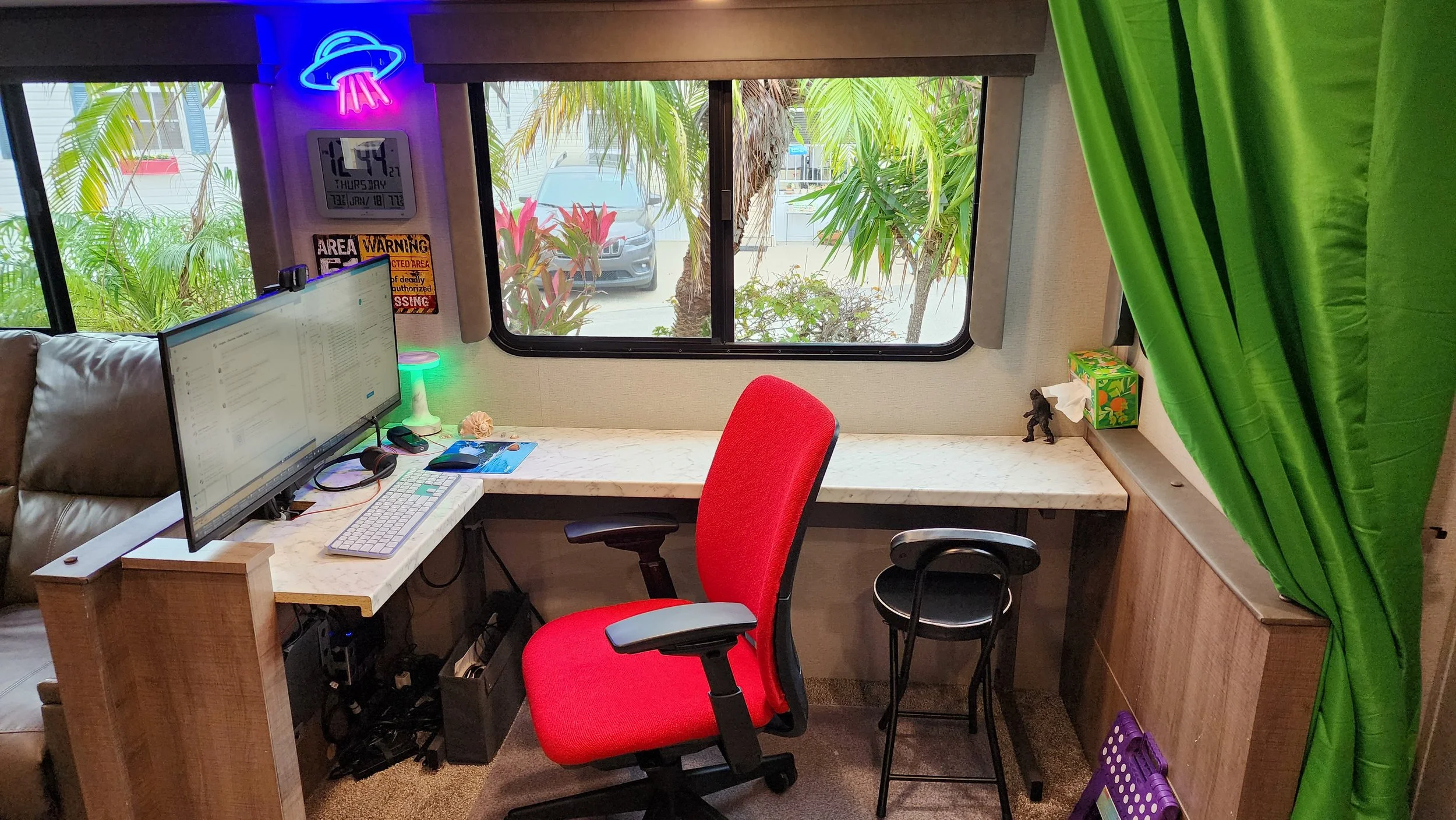 A remote work station remodel in a 3000QB travel trailer.