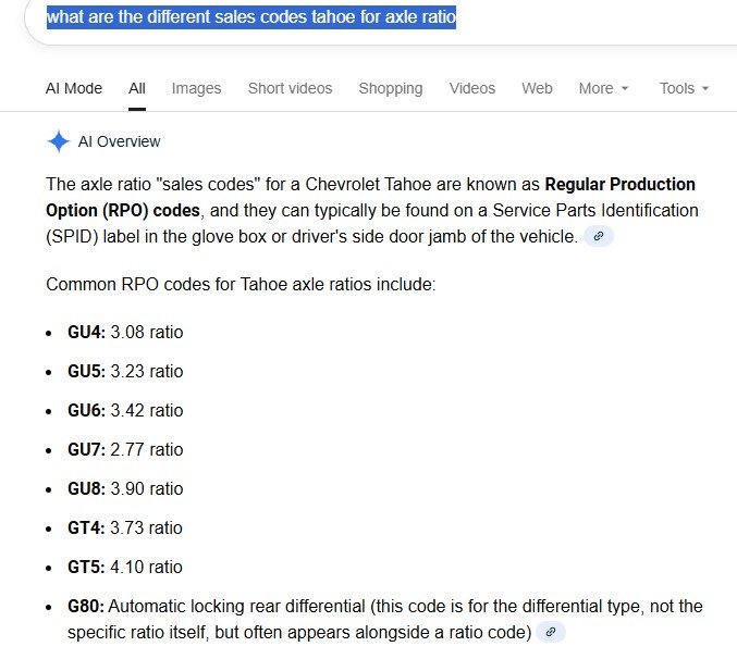 Screen capture of a webpage listing Chevy Tahoe axle ratio sales codes, including GUs, GTs, and G80, with specific ratios.