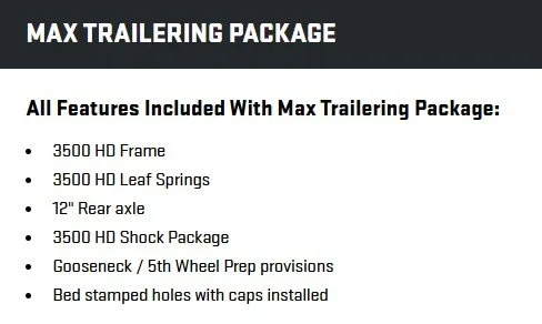 A screenshot from a 2026 3/4-ton truck build when selecting the Max Trailering Package that shows now there is an upgrade to a 3500 frame.