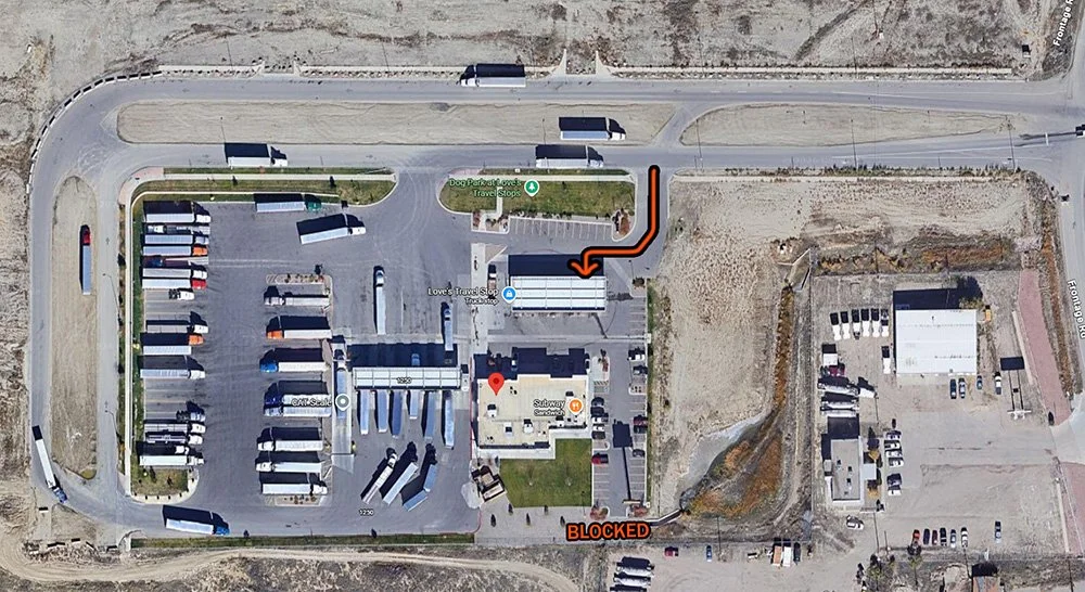 A Google Maps photo of a Love's gas station and arrows signifying the path the RV must take for a perpendicular fuel pump station.