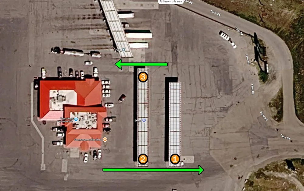 A Google Maps photo of a gas station and arrows signifying the path the RV must take for a perpendicular fuel pump station with great end cap access.