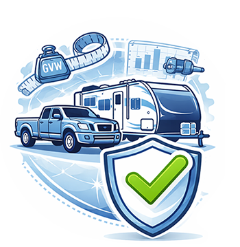 A clipart with a truck, trailer, and a shield that links to the Tow Vehicle & RV Compatibility Check page.