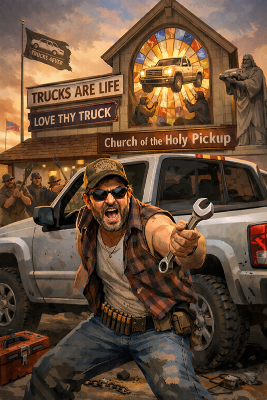 An AI image of a burly man with a wrench extended in his right hand defending his truck and truck church in the background.