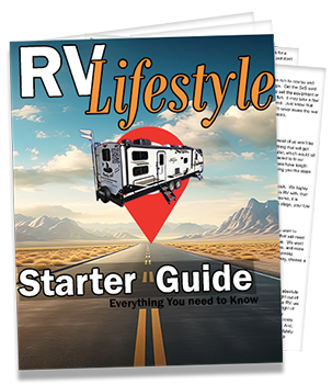 A clipart picture of a brochure with RV Lifestyle Starter Guide written on the front with a travel trailer on top of a map pin with a roadway fading into the distance in the background.