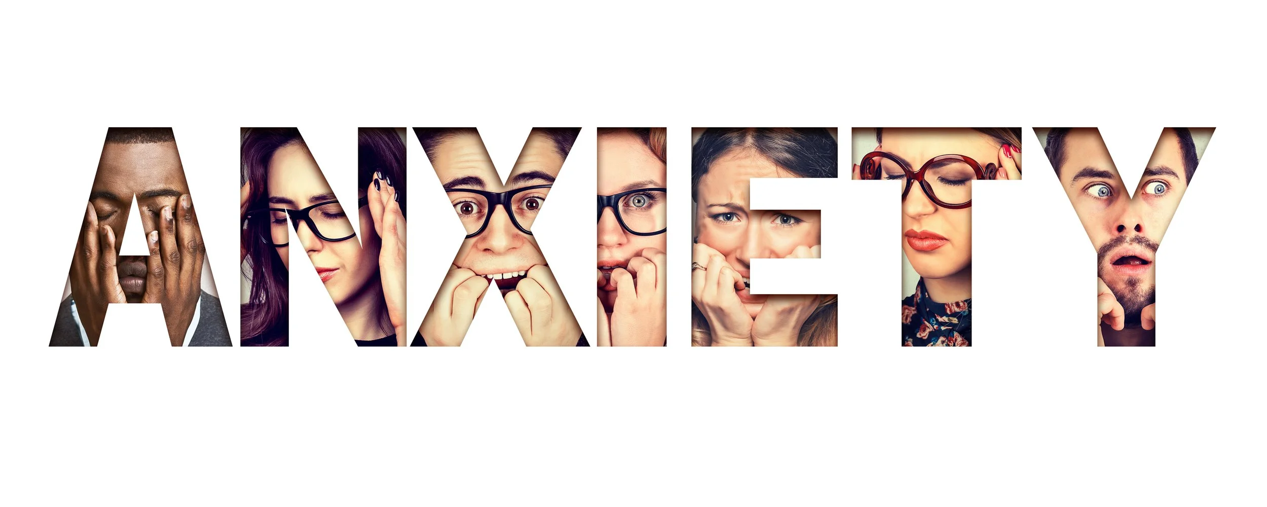 Collage of people expressing surprise and concern inside the word 'ANXIETY'.