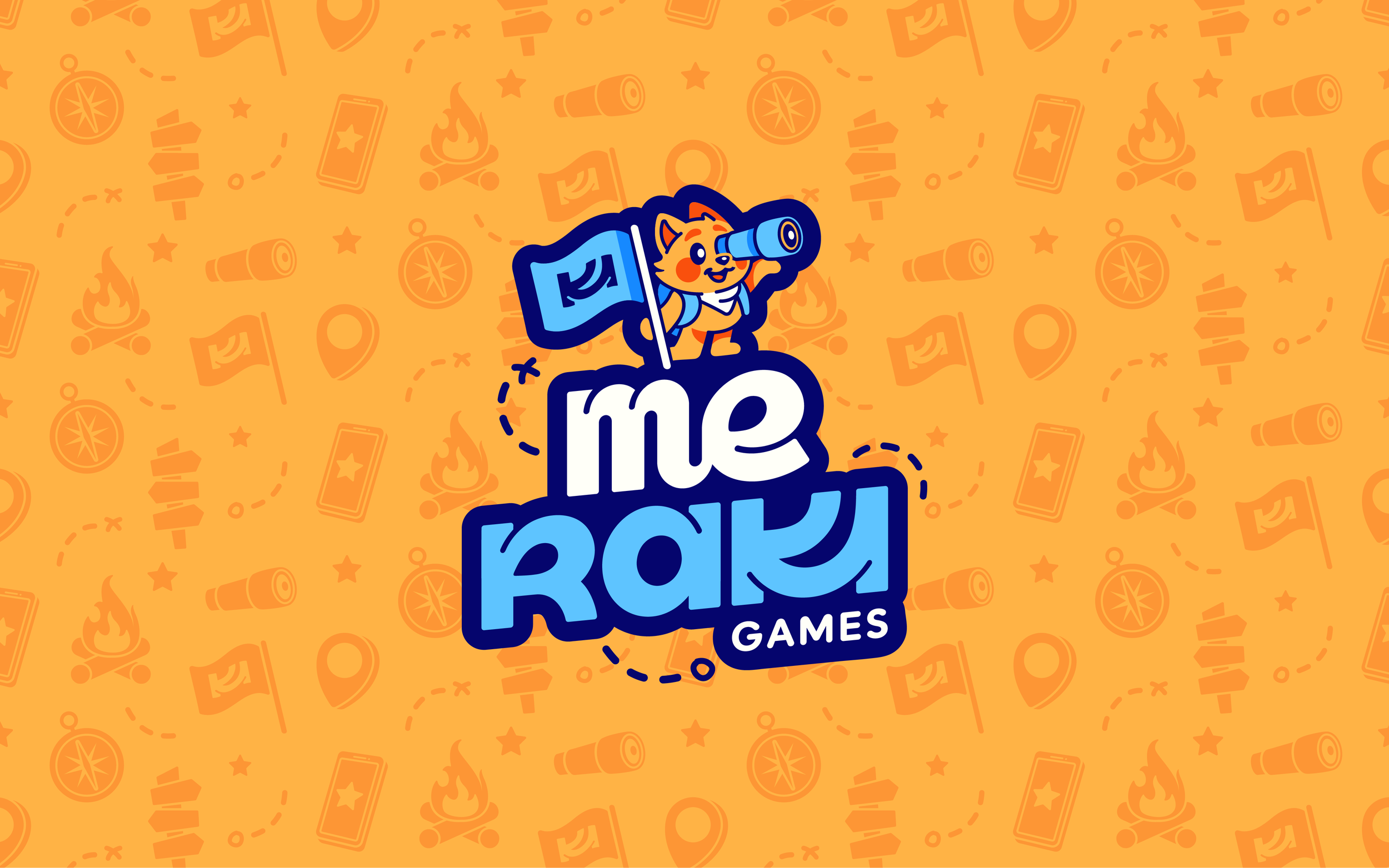 Logo de Jeux de société 'Tabletop Simulator' avec un personnage de chien portant un chapeau, observant à travers une longue vue, sur un fond orange avec des motifs de flèches, étoiles, lanternes, palmier, et cartes.