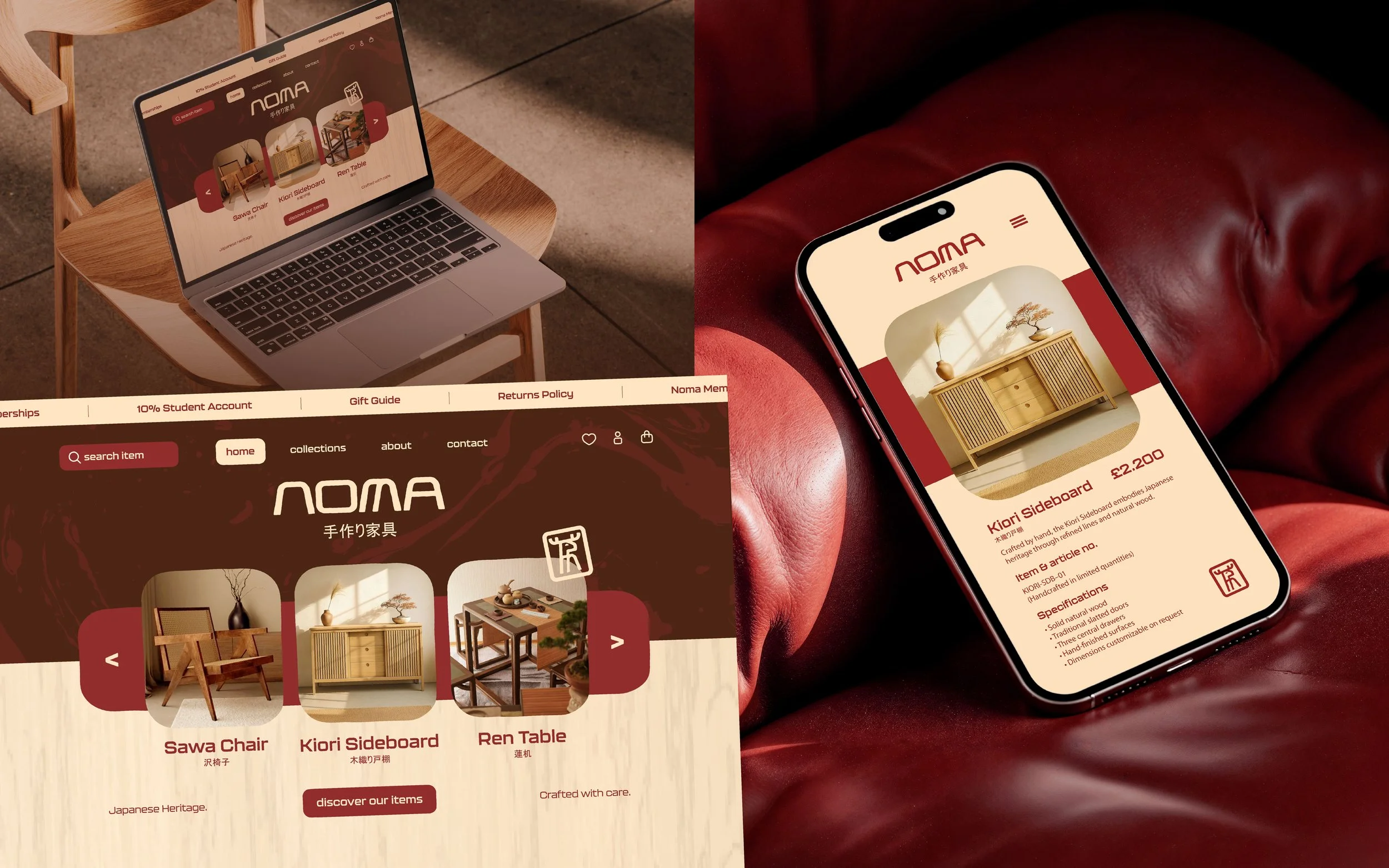 Capture d'écran d'un site web de meubles nommée NOMA, affichée sur un ordinateur portable et un téléphone mobile, présentant des meubles en bois comme des chaises, des étagères, une table et des armoires.