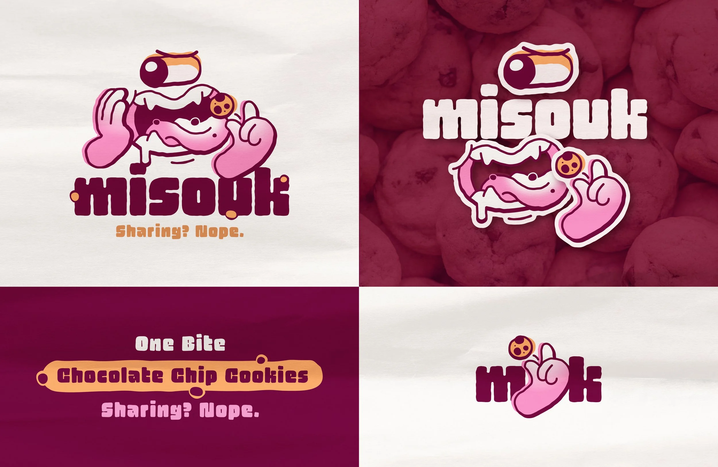 Une image divisée en quatre sections avec des illustrations et du texte. La section supérieure gauche montre un emoji souriant avec un cookie, avec le texte 'Sharing? Nope.' dessous. La section supérieure droite présente une image de cookies en arrière-plan, avec une illustration de doigt pointant vers un cookie, et le texte inversé 'MISOOK'. La section inférieure gauche contient le texte 'One Bite' et 'Chocolate Chip Cookies', avec une illustration de cookie. La section inférieure droite (partiellement visible) montre une illustration de doigt pointant vers le texte 'MISOOK' inversé.