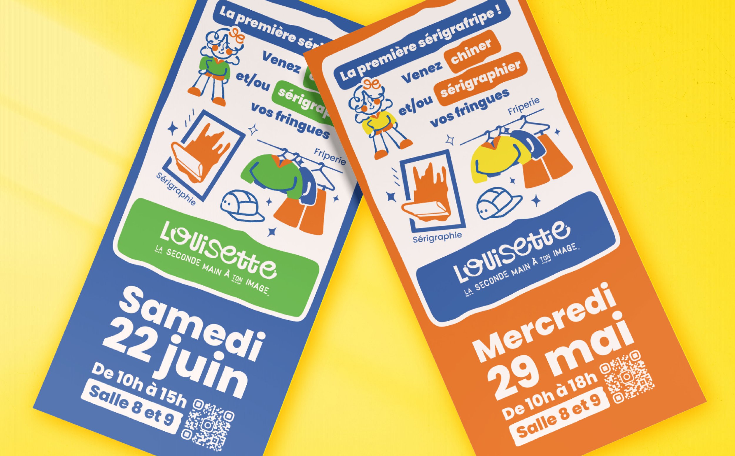 Flyers colorés annonçant une brocante le mercredi 29 mai, avec détails horaires et lieu à la salle 8 et 9, et illustrations de vêtements, presse et personnages.