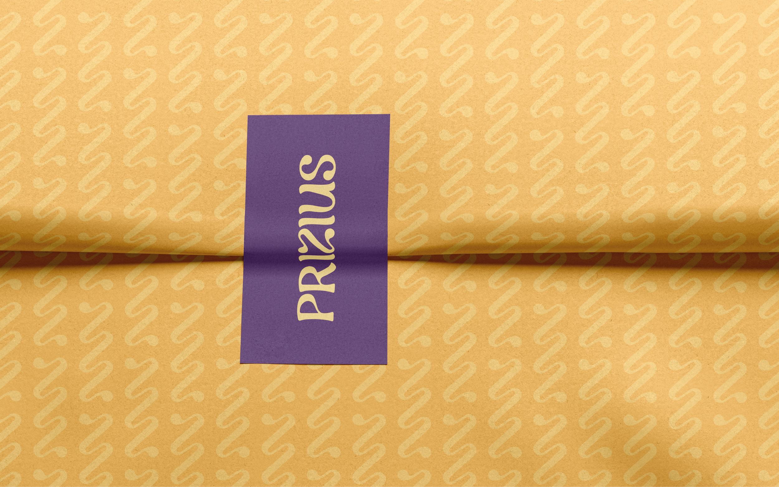 Papier cadeau beige avec un motif en zigzag, une bande violette avec le mot 'PRÉCISES' en lettres dorées.