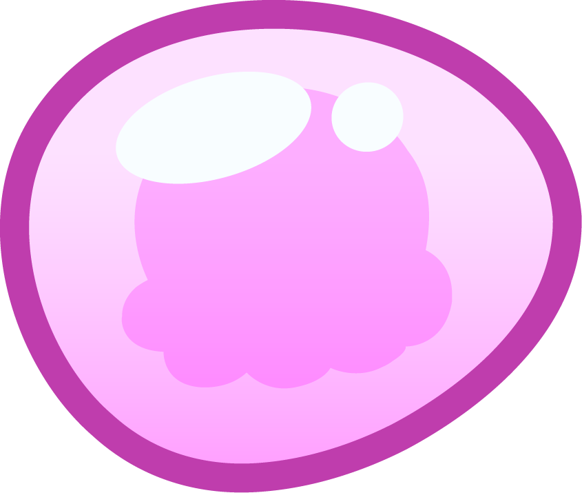 Un dessin d'une boule de glace rose avec deux billes blanches en haut, entourée d'un cercle violet.