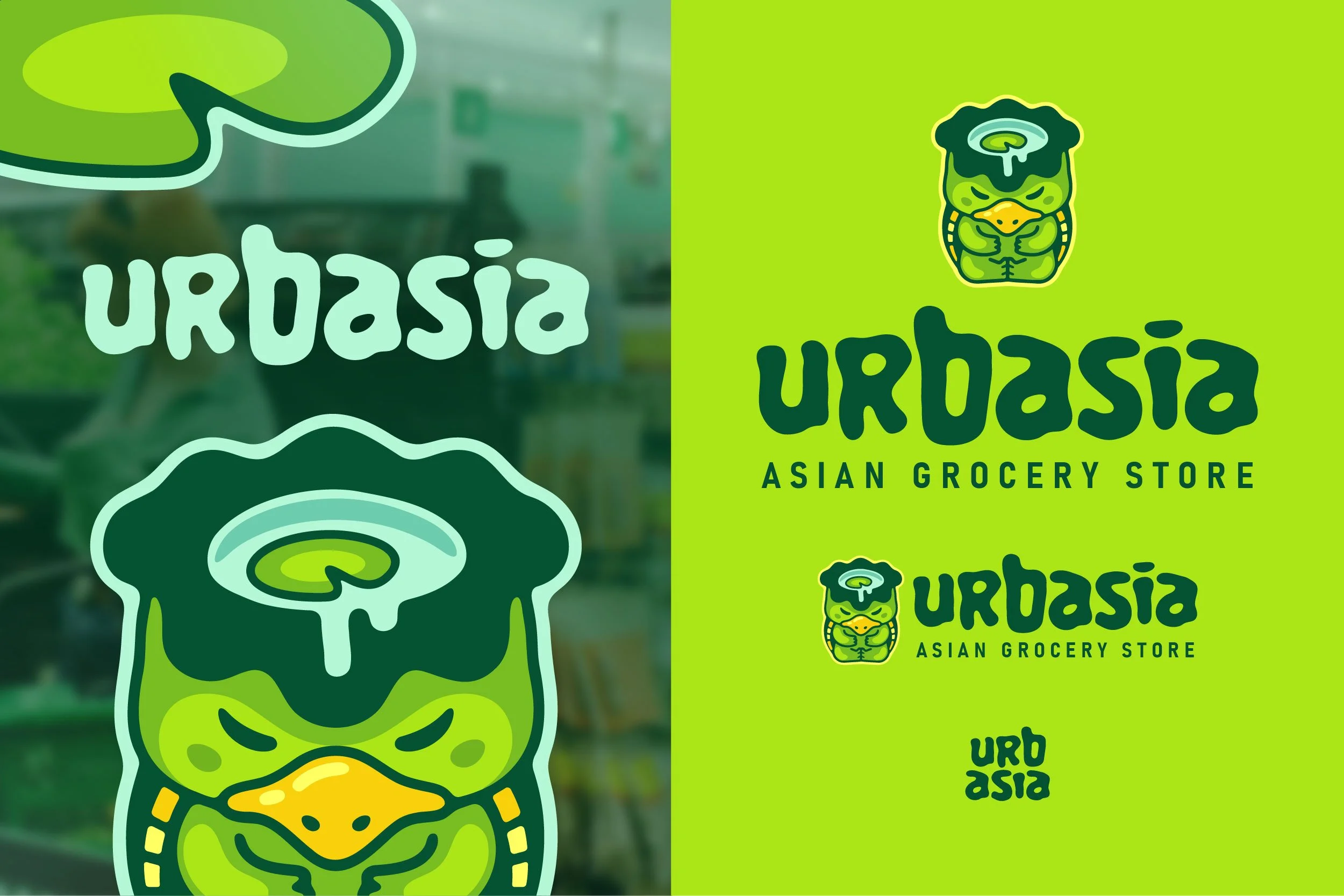 Logo de Urban Asia, épicé, vert, avec une illustration d'un masque de guerrier asiatique stylisé.