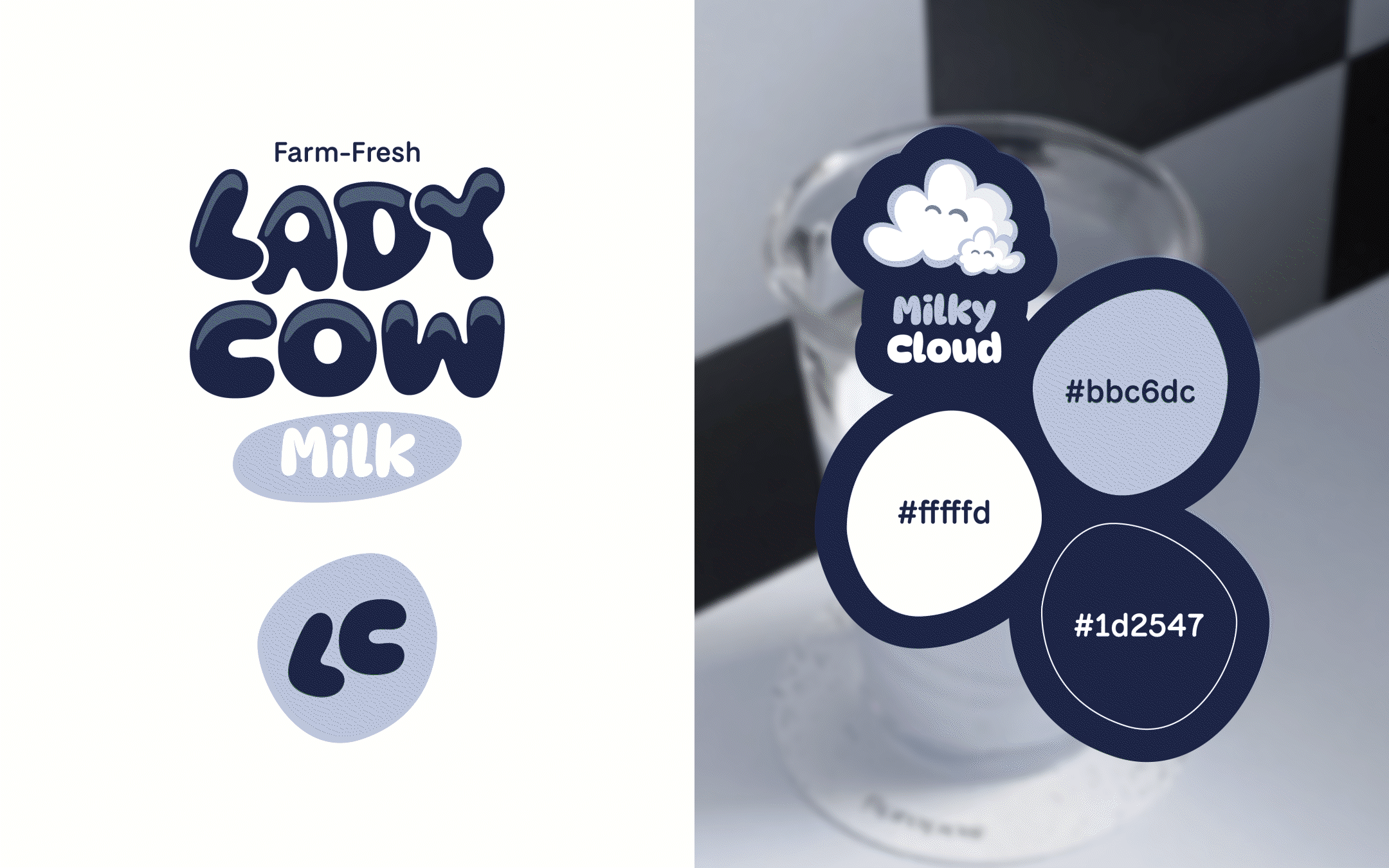 Étiquette avec le texte 'Farm-Fresh LAIT' et une illustration de nuage avec le mot 'Milky Cloud' en dessous. Palette de couleurs bleues et blanches.