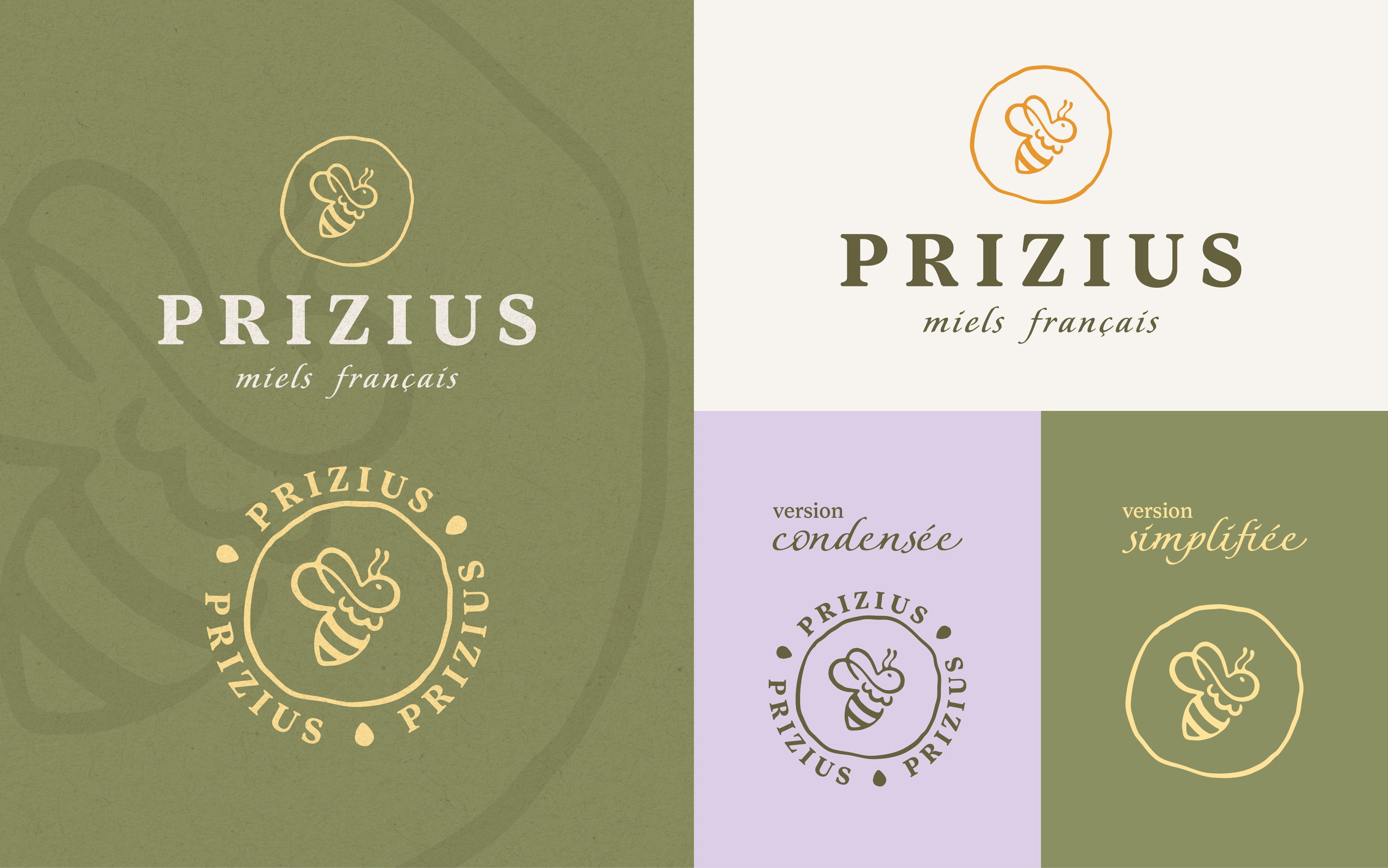 Étiquettes de miel de la marque Prizius, avec un logo d'une abeille dans un cercle, colorées en vert pâle, blanc, violet et beige, avec texte en français.