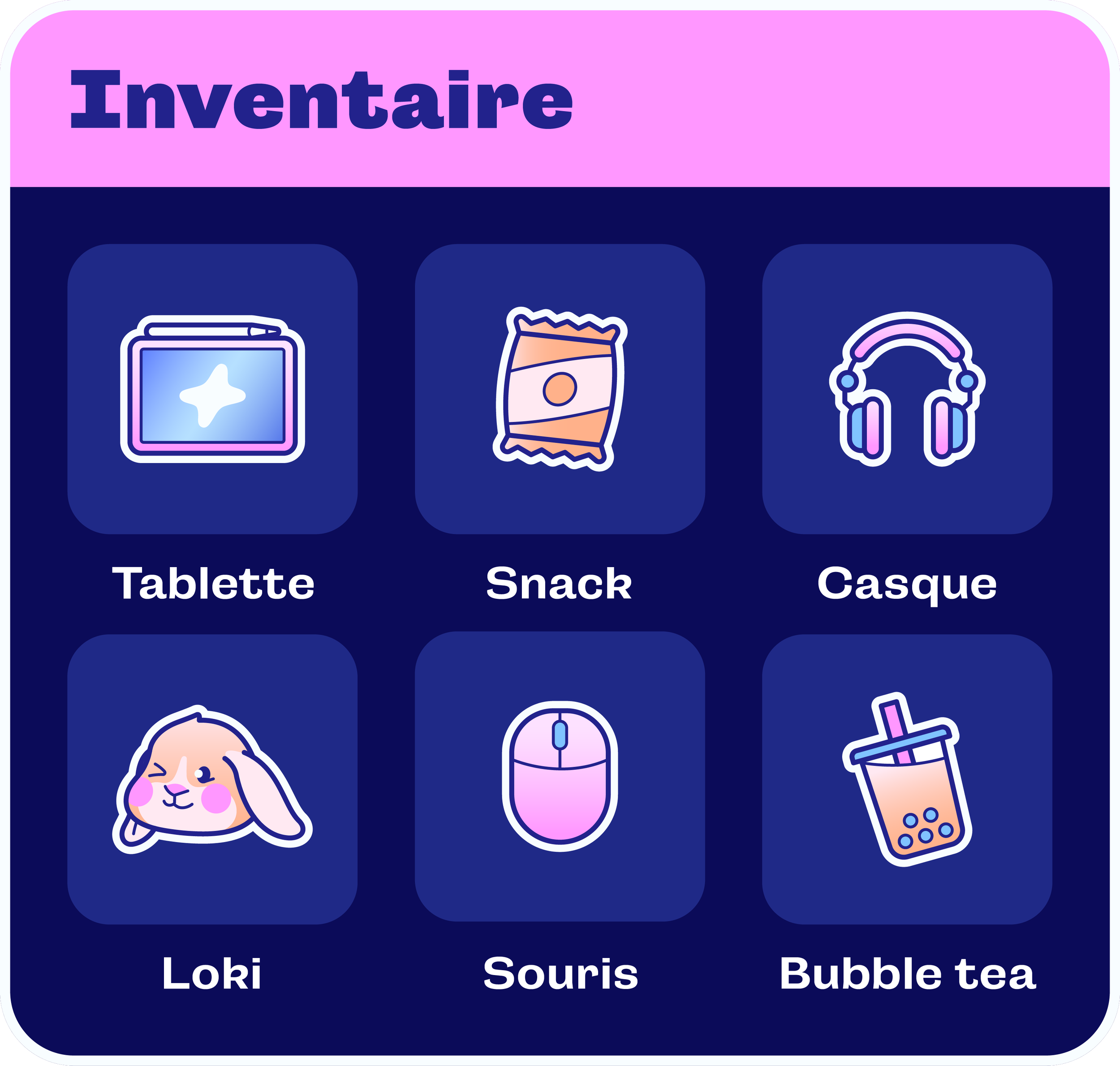 Une interface graphique avec une section intitulée "Inventaite" en haut, montrant trois icônes : une tablette, un snack et un casque.
