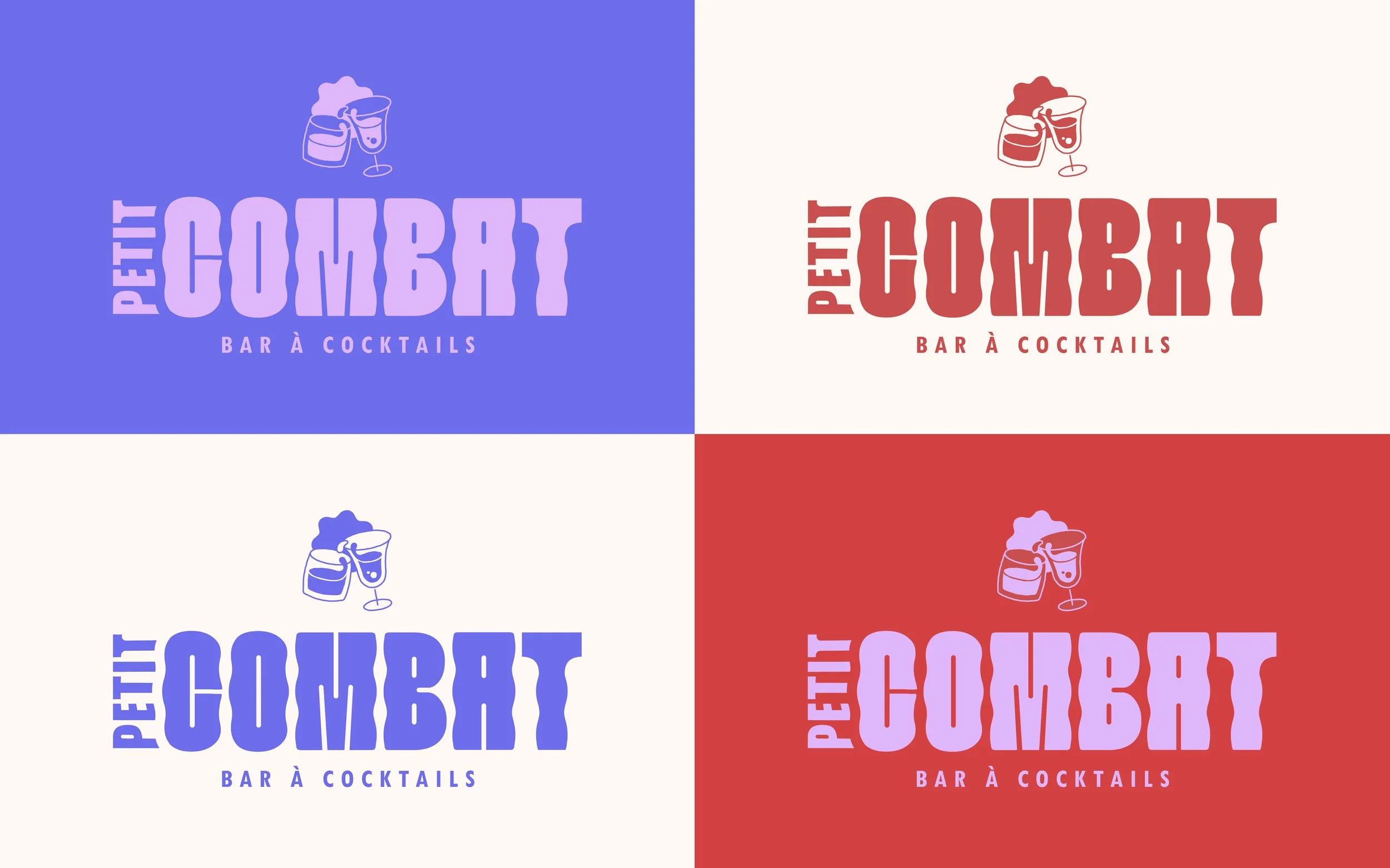 Logo du bar à cocktails Pensee Hombart avec une illustration de deux verres à cocktail et le texte 'PENSEE HOMBART BAR À COCKTAILS' en quatre versions de couleurs différentes.