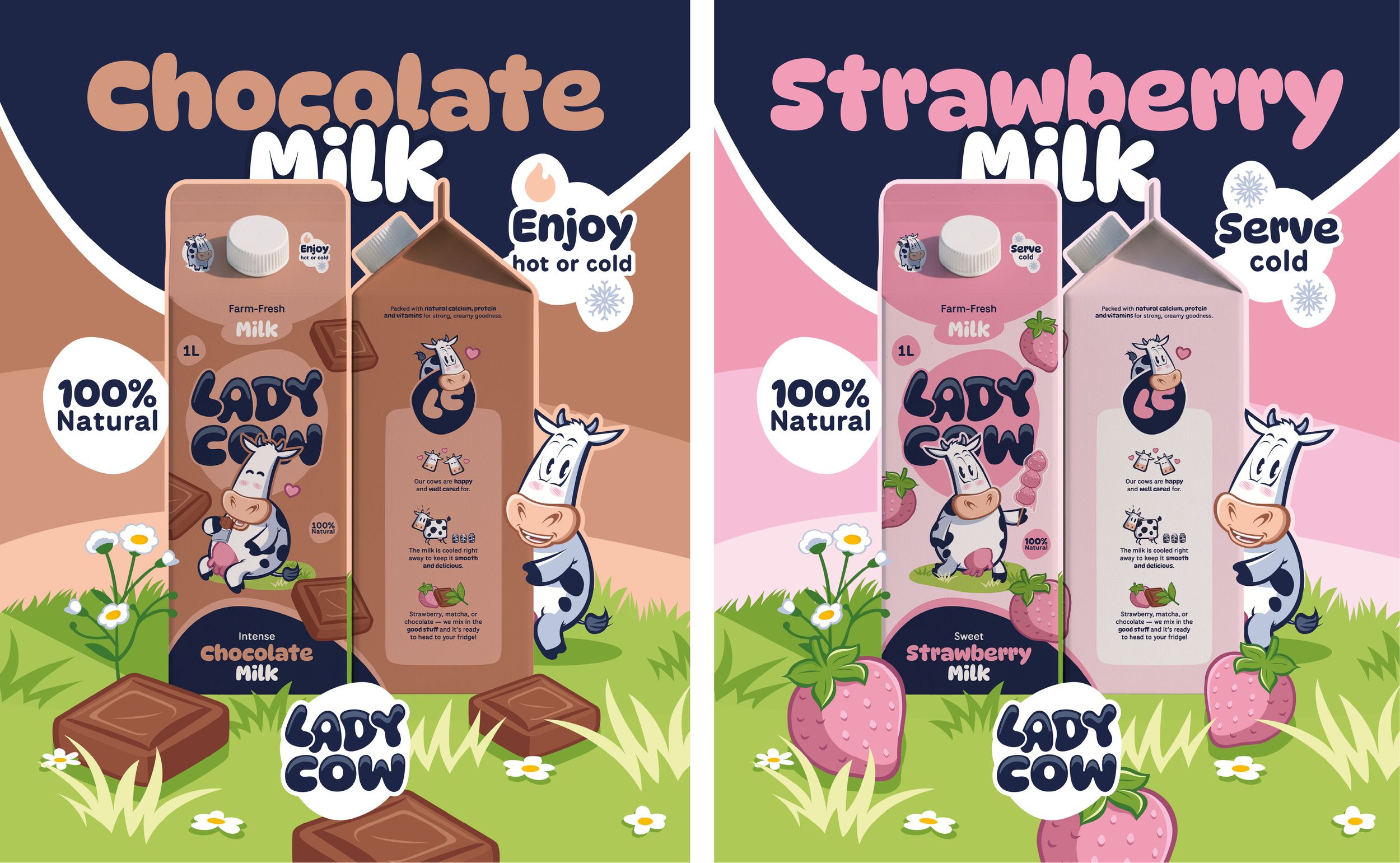 Deux paquets de lait de ferme pour animaux, un chocolat intense à gauche et une fraise douce à droite, avec un dessin de vache et des fleurs, dans un style coloré et mignon.