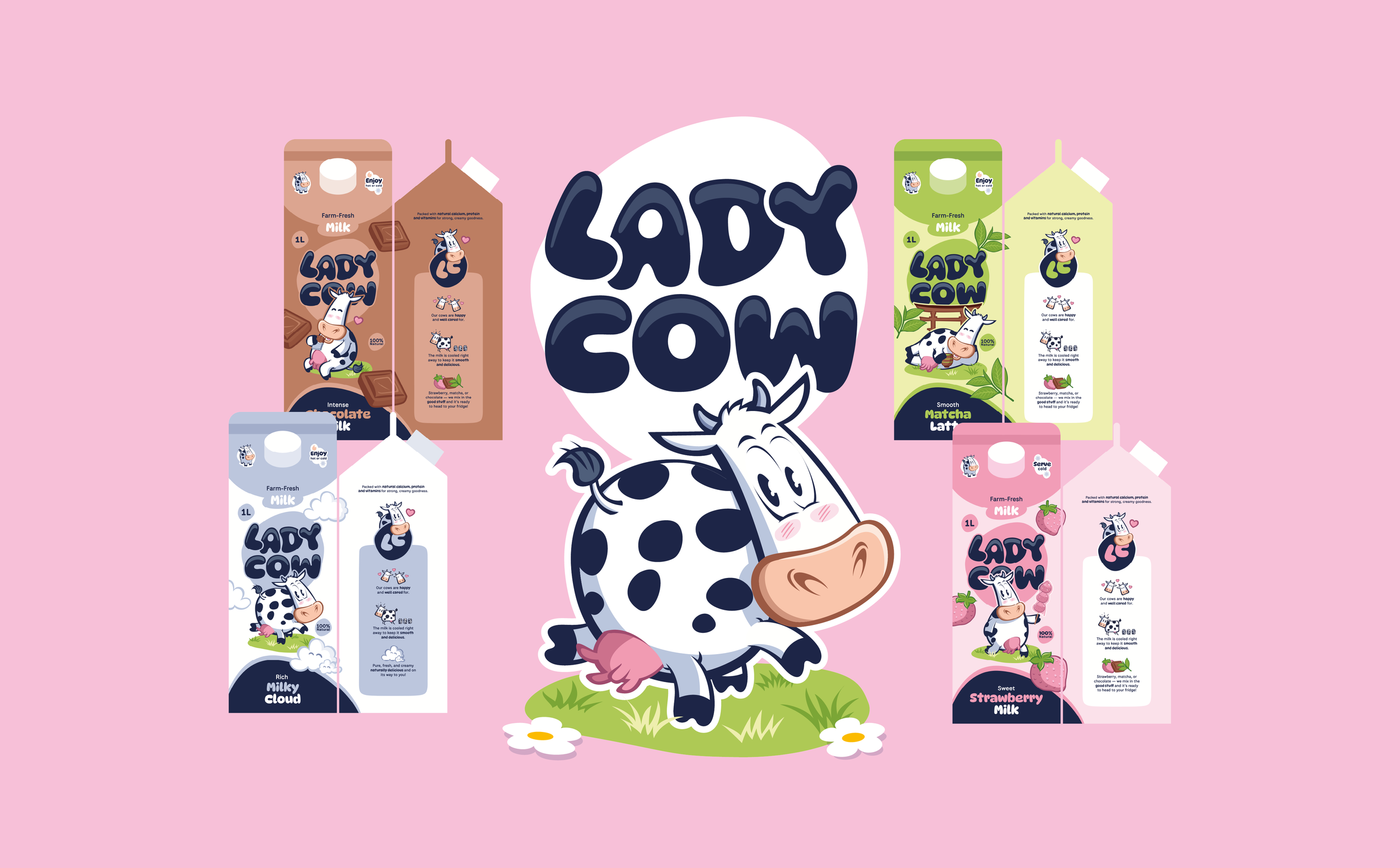 Illustration colorée de produits laitiers pour enfants avec une vache cartoon au centre, entourée de cartons de lait aux saveurs chocolat, matcha, fraise, et une boîte de lait. Fond rose