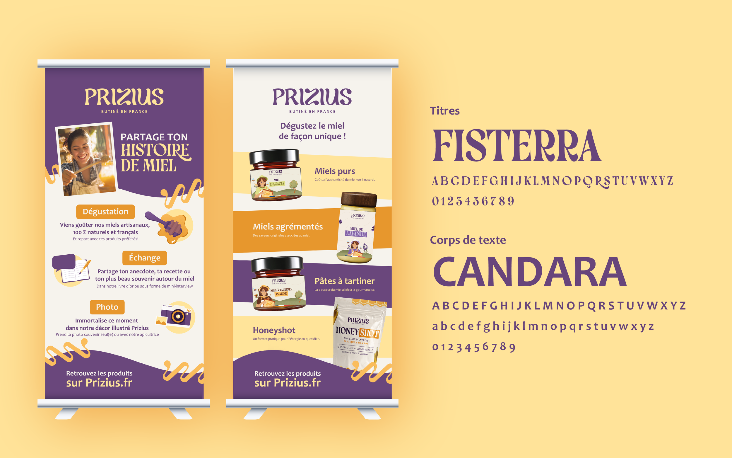 Deux banderoles promotionnelles violettes et blanches pour des produits à base de miel de la marque Prizius, avec des textes, images de pots de miel, d'apiculteur, et un peux d'infographies colorées.