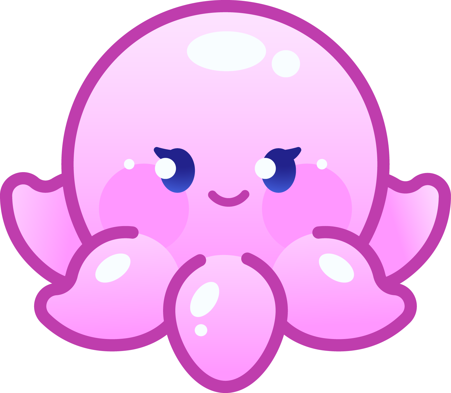 Une illustration d'un personnage de dessin animé en forme de cupcake avec une face mignonne, de grands yeux bleus, des joues roses, et des bras et jambes. Le fond est violet.