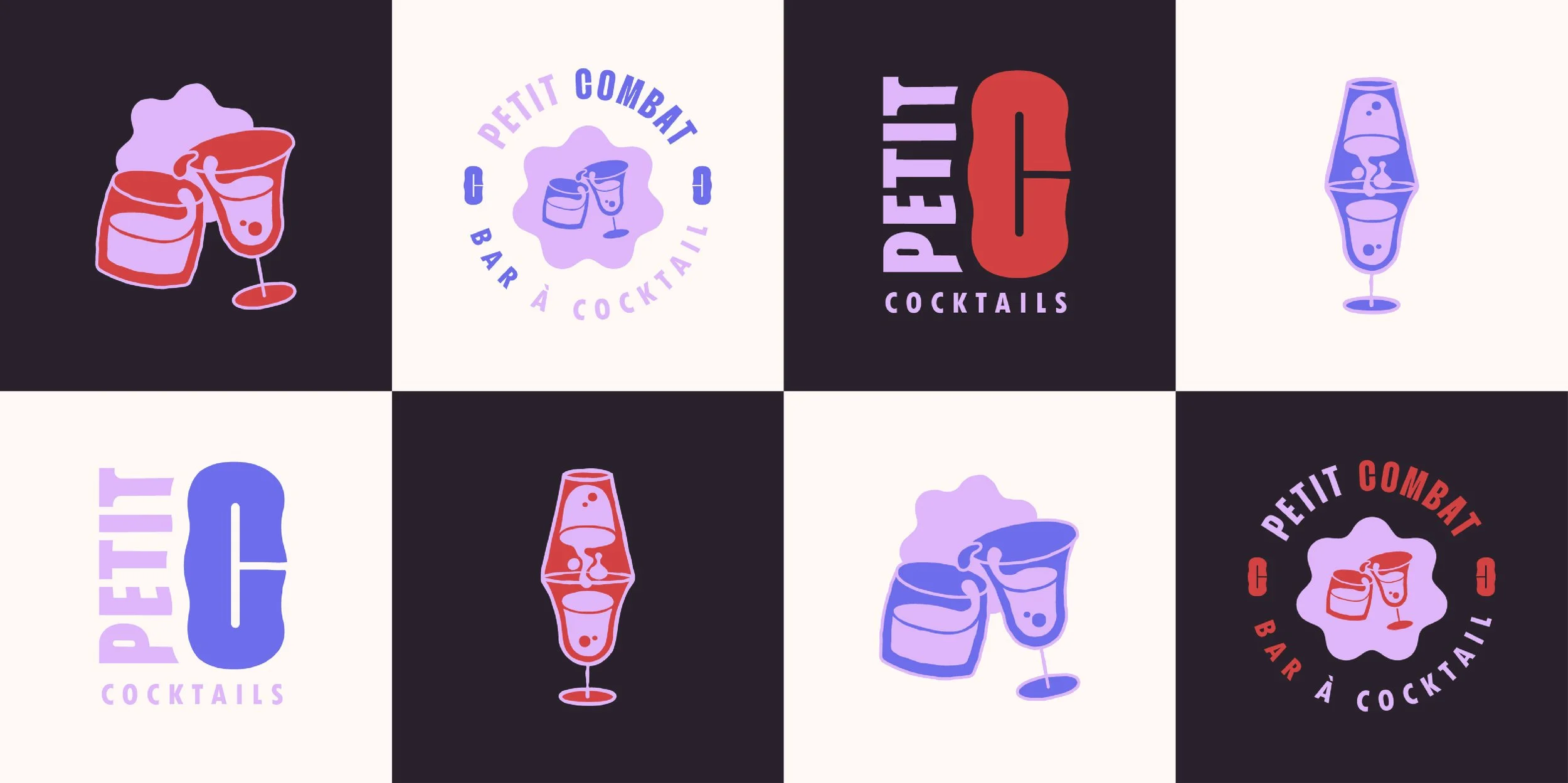 Motifs de logos de bars à cocktails avec verres et éléments de design dans des couleurs pastel sur fond noir ou blanc.