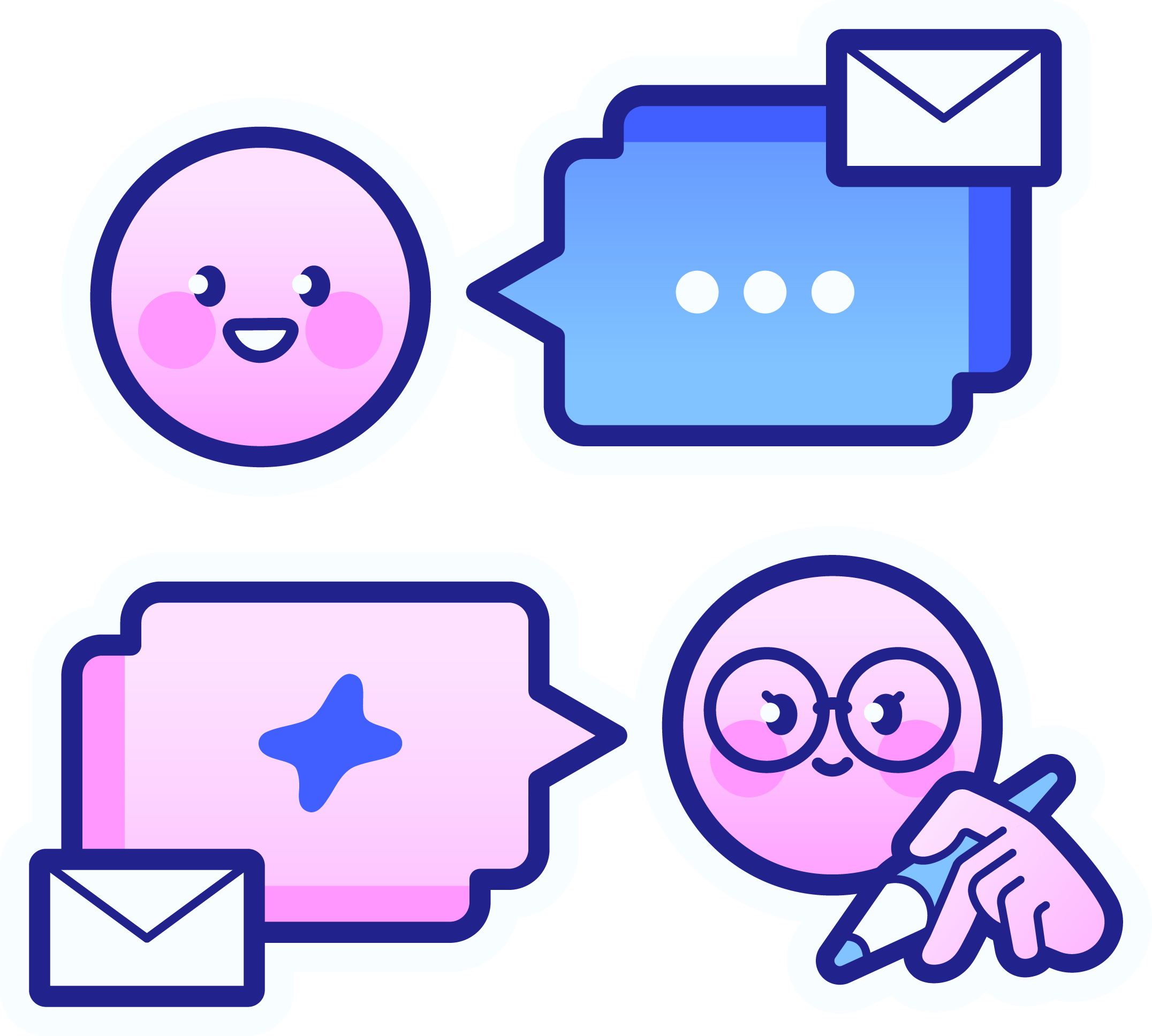 Schéma illustrant de différentes formes de communication numérique, incluant un smiley, une boîte de message et une conversation, symbolisant la messagerie et les réseaux sociaux.