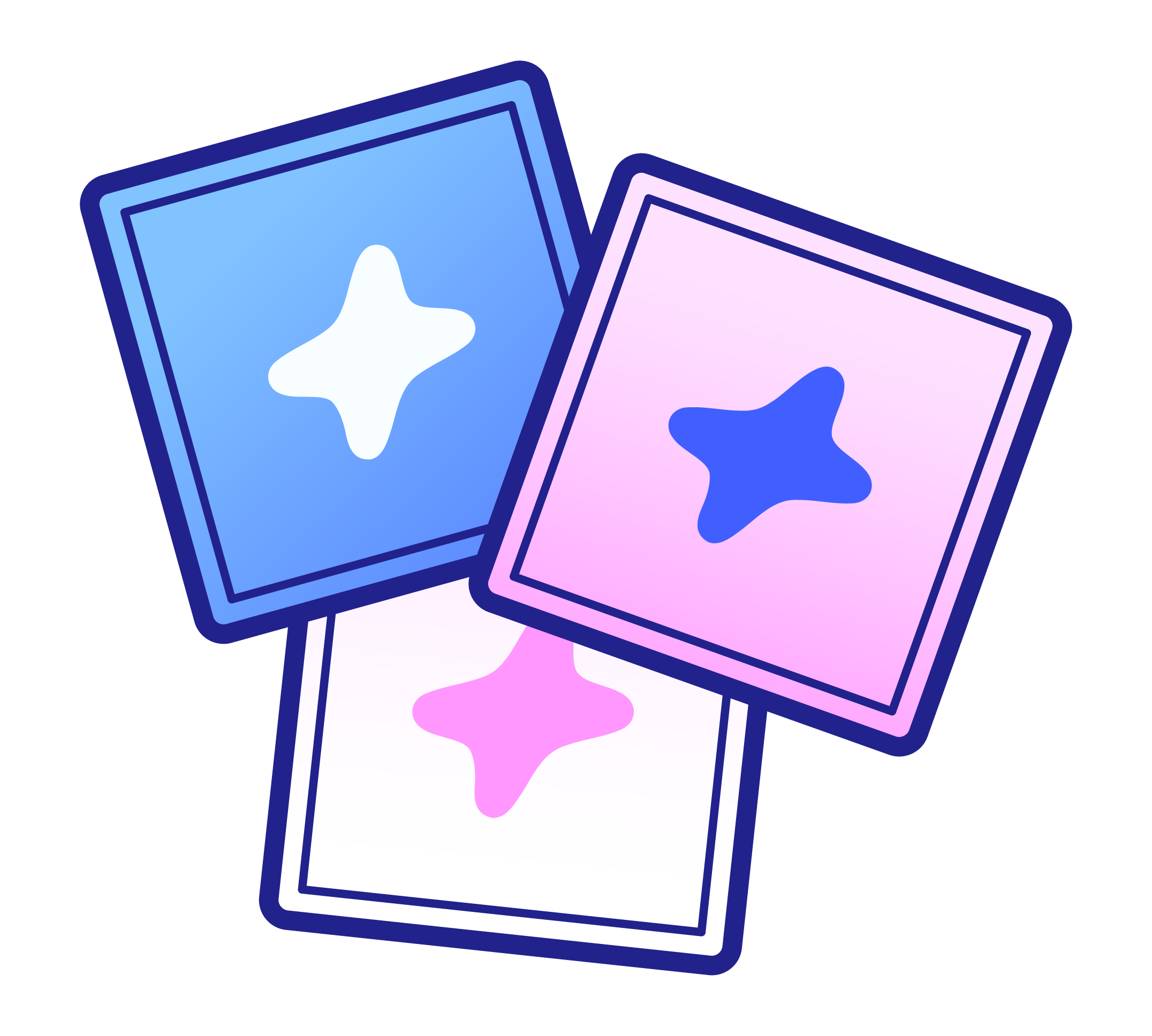 Illustration de deux photographies Polaroid avec des formes abstraites colorées, une en bleu et l'autre en violet, sur fond violet.
