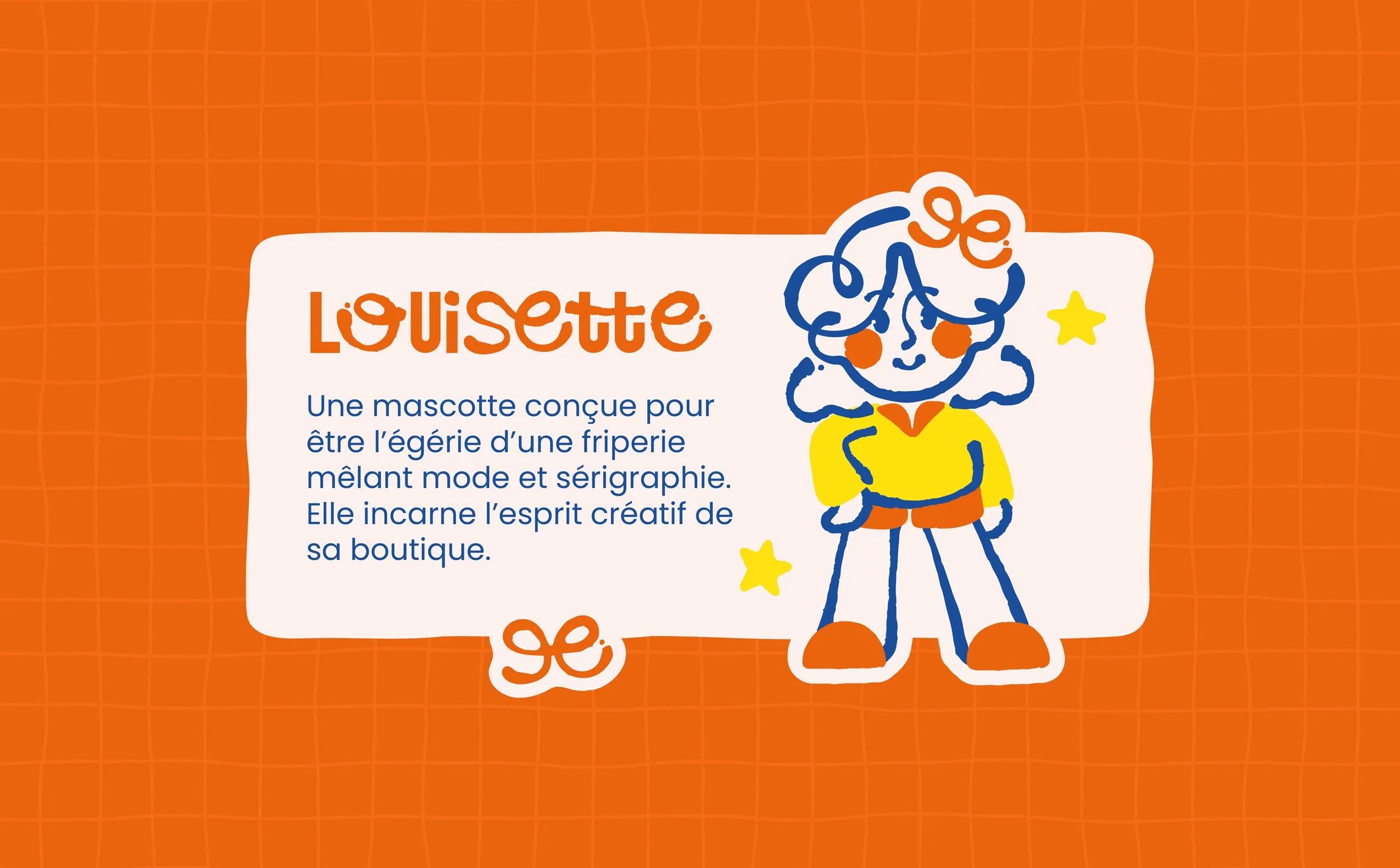 Une illustration d'une mascotte appelée Louissette, une fille avec des cheveux en boucle, portant un haut jaune et un short orange, entourée d'étoiles jaunes.