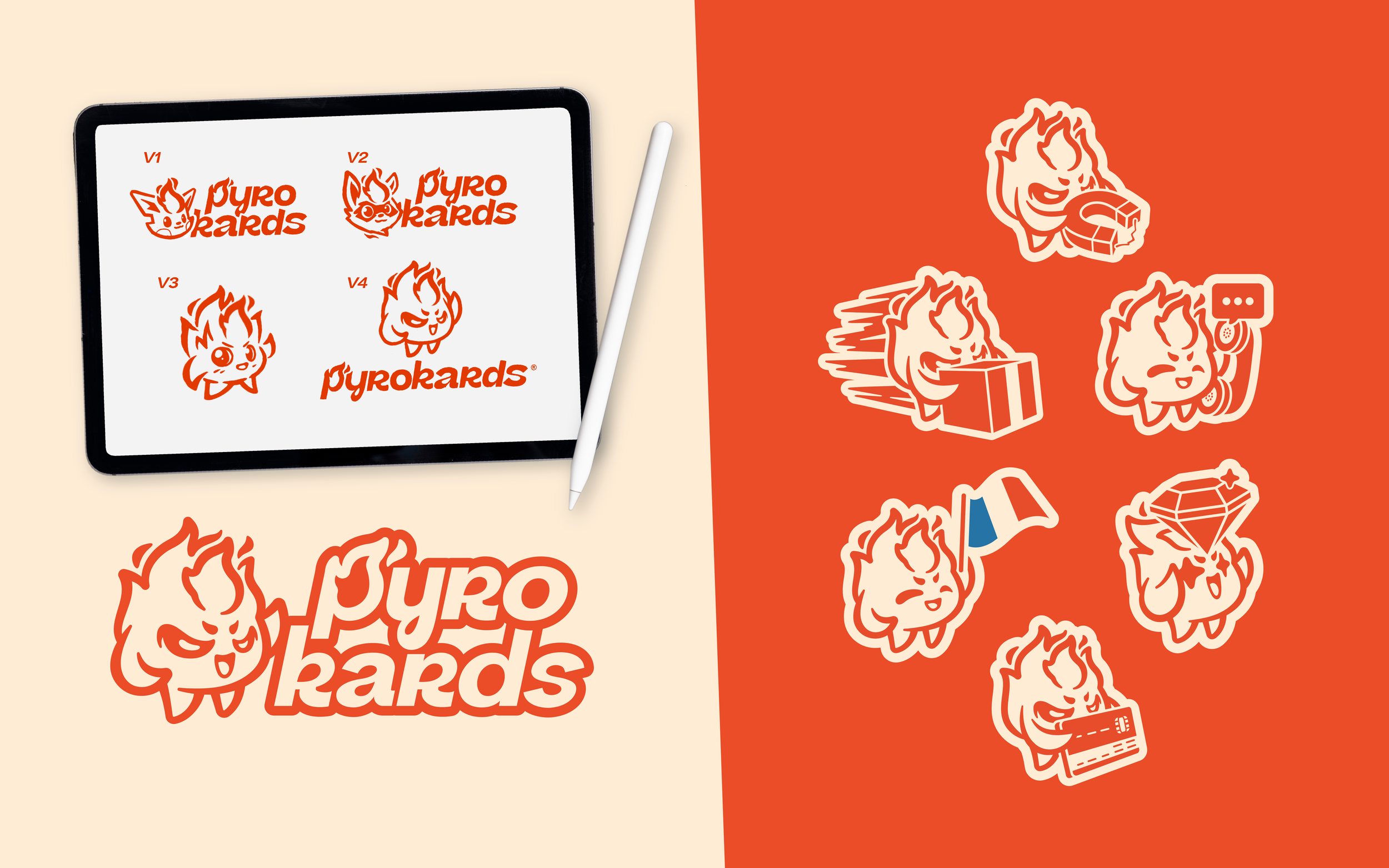 Une tablette avec des logos de Pyro Kards représentant un renard en flammes, et un ensemble d'autocollants avec différentes illustrations d'un personnage de renard en flammes, utilisant divers accessoires comme un ordinateur, un mégaphone, ou une boule à facettes.