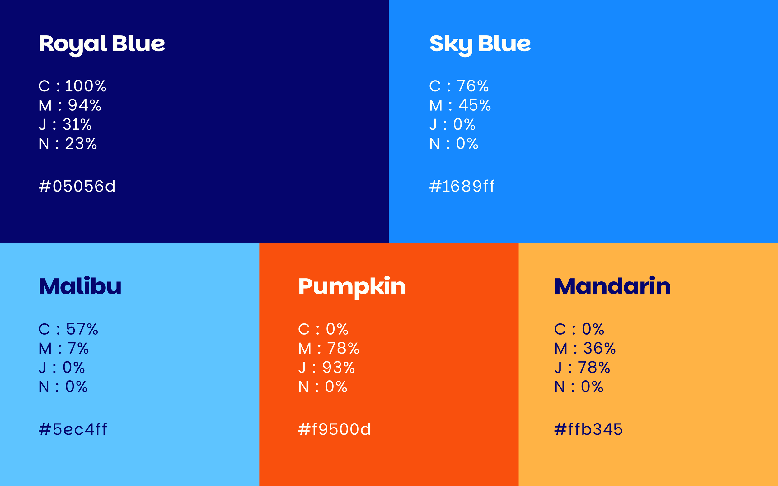 A color palette with five color swatches labeled Royal Blue, Sky Blue, Malibu, Pumpkin, and Mandarin, each showing their respective color codes and color composition percentages.