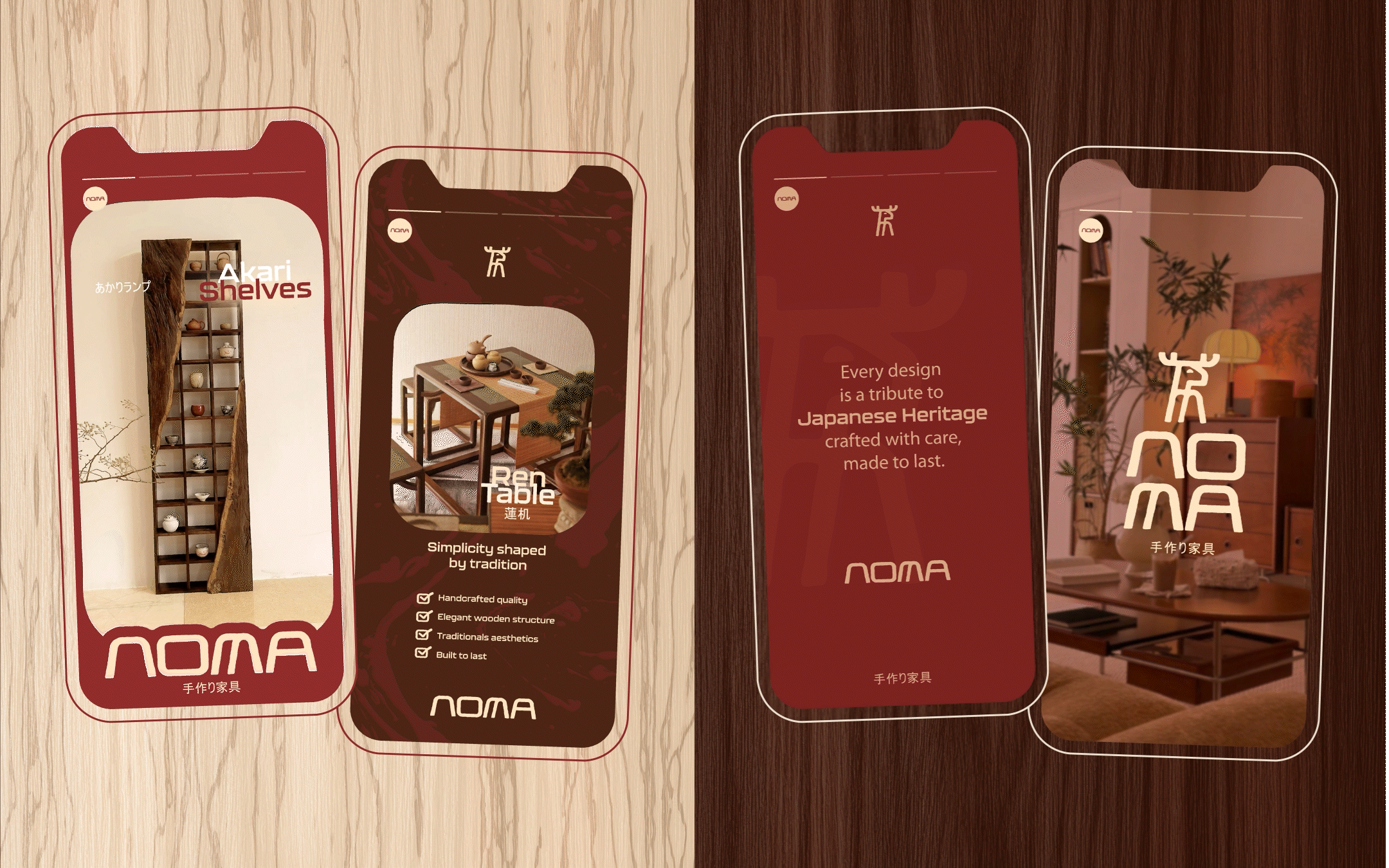 Four brochures for NOMA furniture brand are displayed on a wooden surface. The brochures feature images of wooden furniture pieces and descriptions emphasizing traditional craftsmanship, quality, and elegant design.
