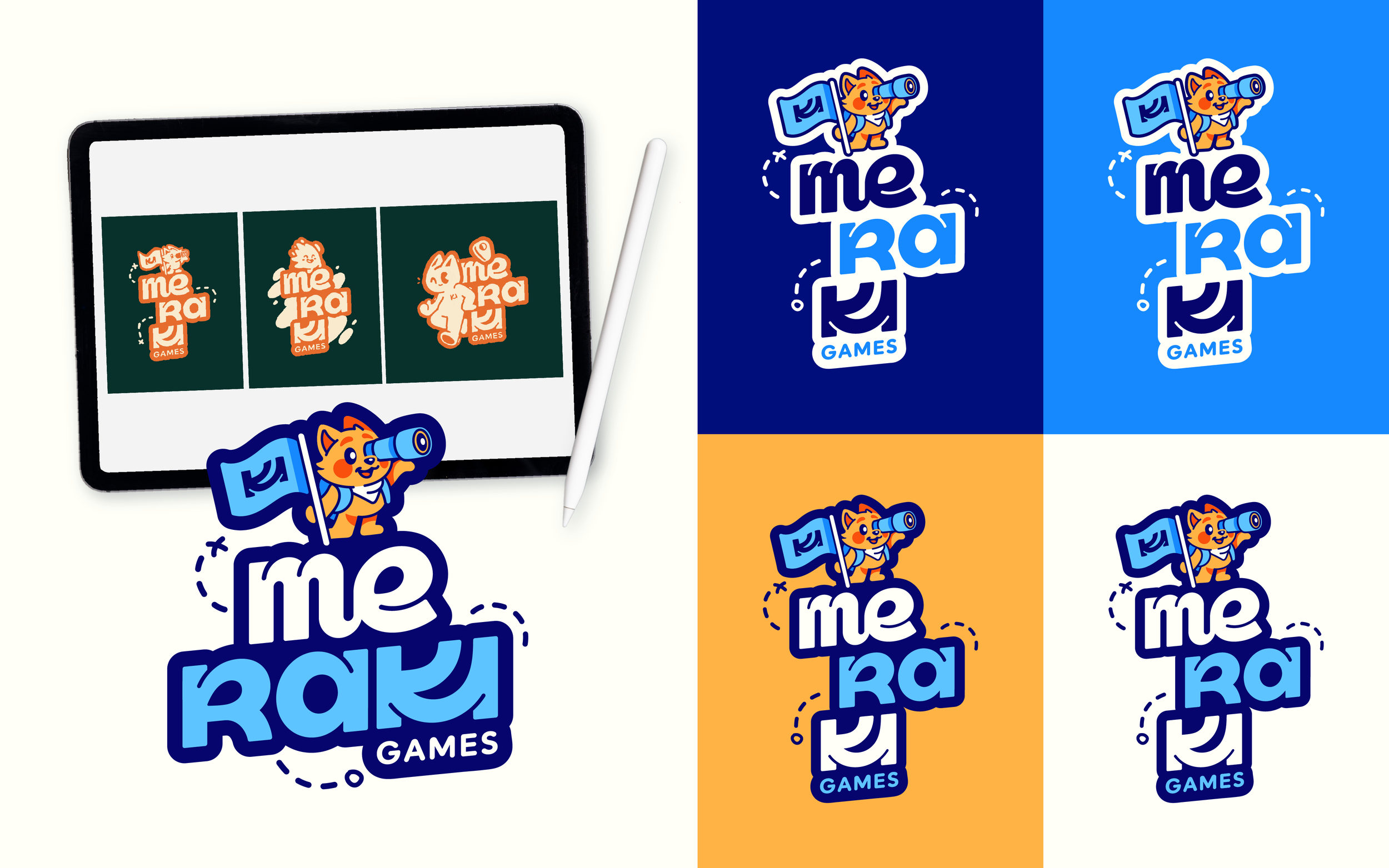 Logo avec un chat orange portant des lunettes en regardant à travers un télescope, avec le texte 'Me Ra Games'