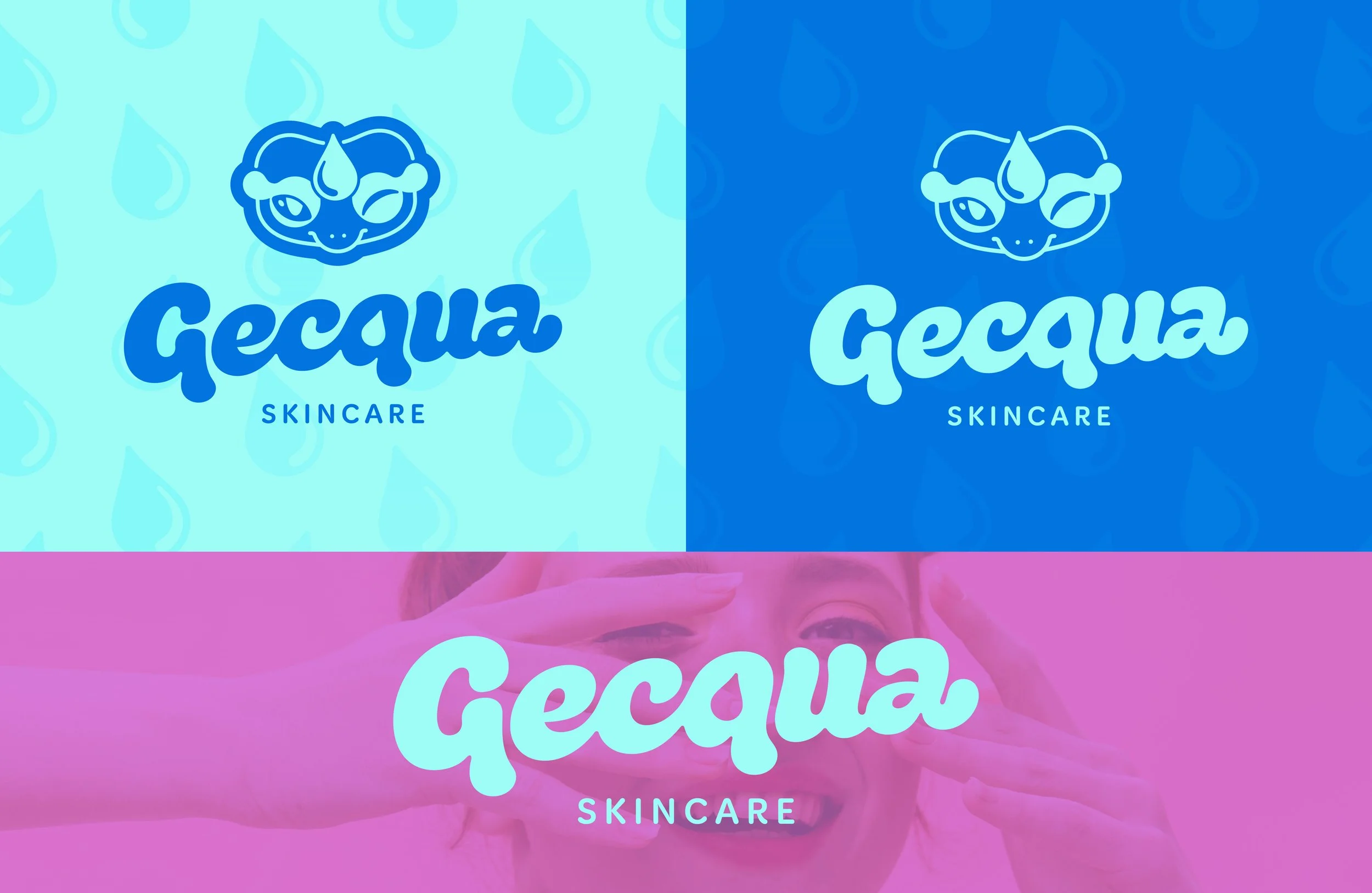 Logo de la marque Gequia Skincare avec un visage de dessin animé de style crocodile, fond bleu avec motifs de gouttes d'eau, et texte en bleu clair.