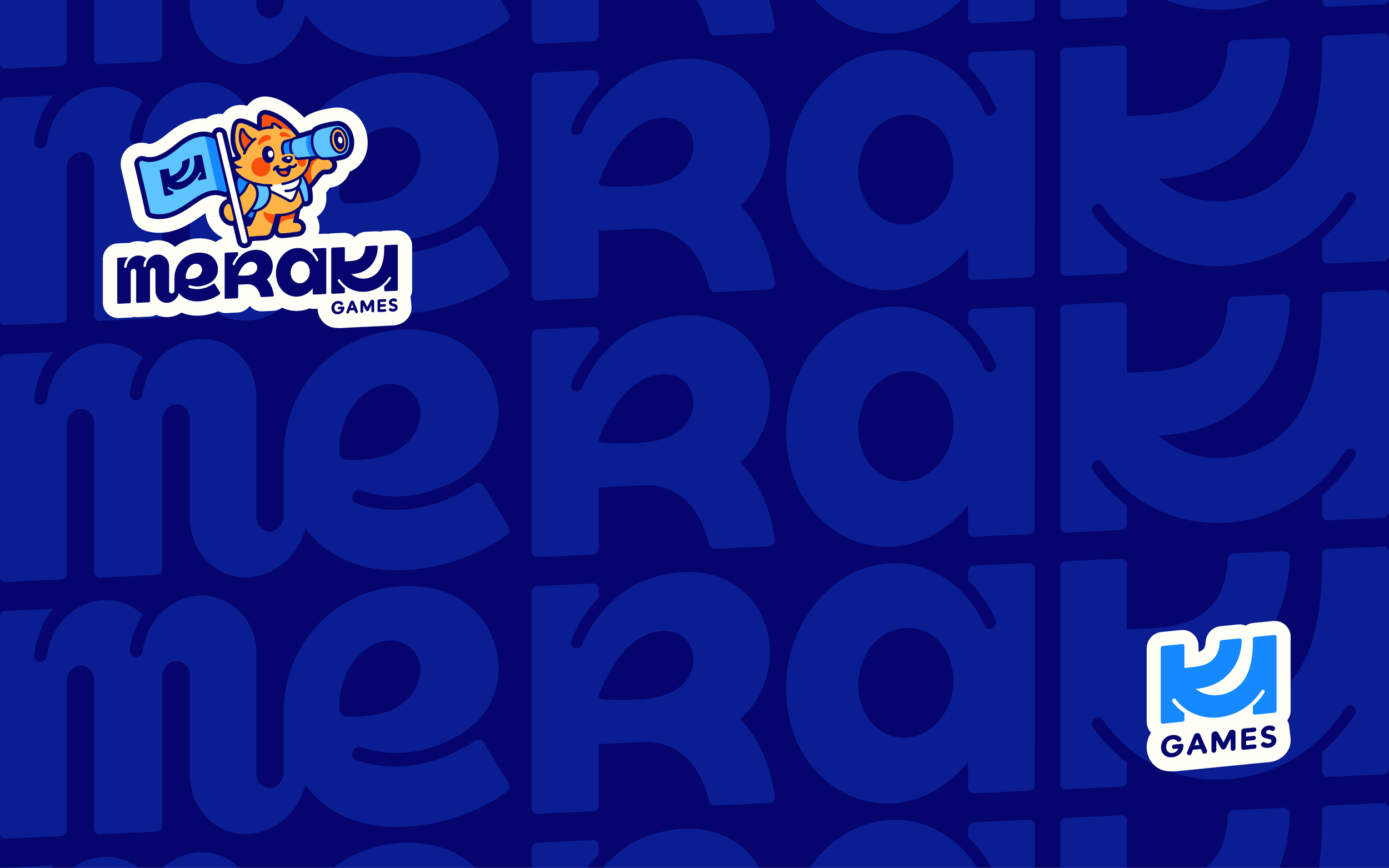Logo de Meraki Games, un petit chat orange avec une cape bleue, regardant dans un télescope, sur un fond bleu avec le nom de l'entreprise en lettres stylisées.