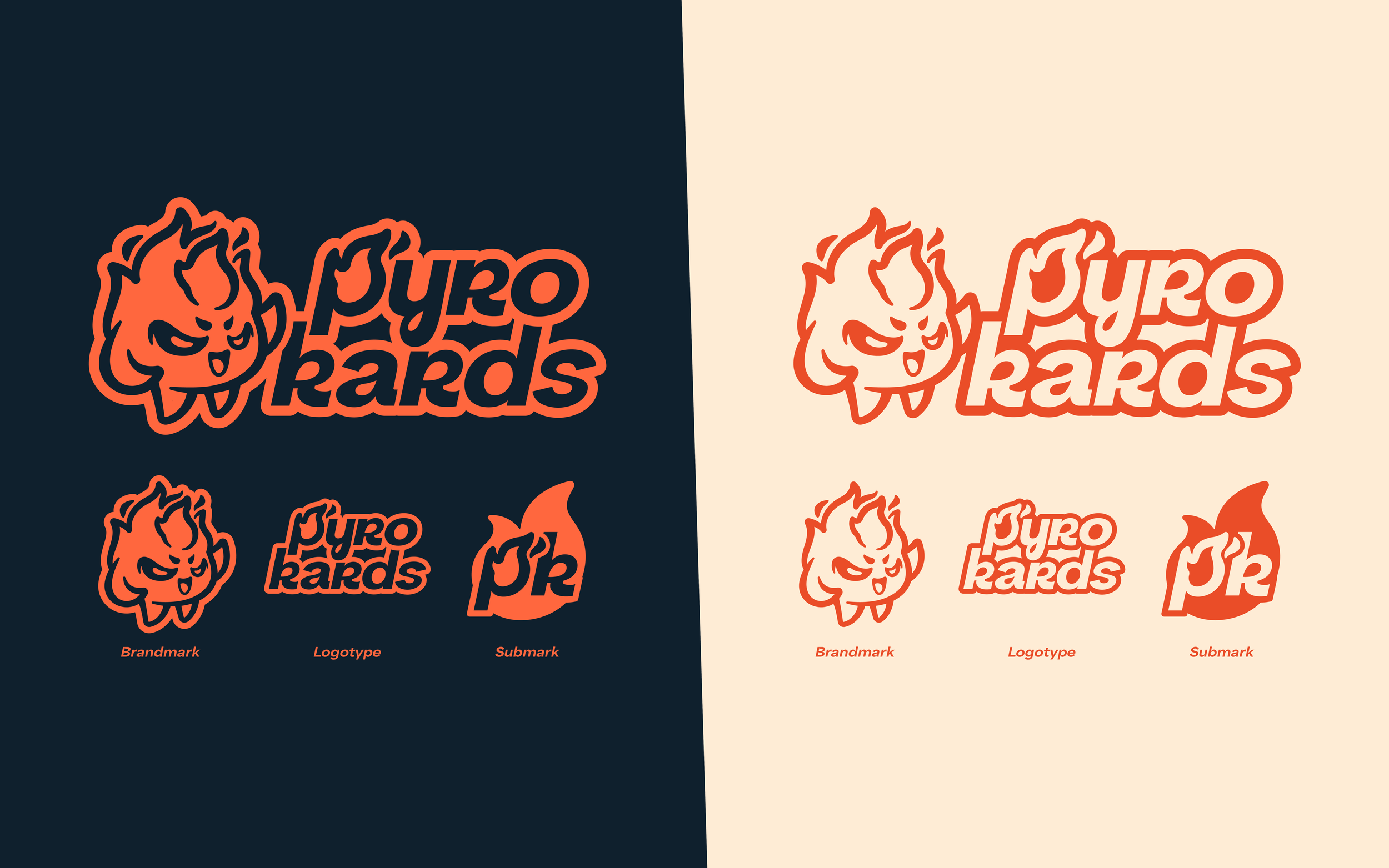 Comparaison de deux versions d'un logo avec un personnage de monstre en feu et le texte 'Pyro Kards', une version sur fond bleu foncé et une autre sur fond beige, avec des indications : Brandmark, Logotype, Submark.
