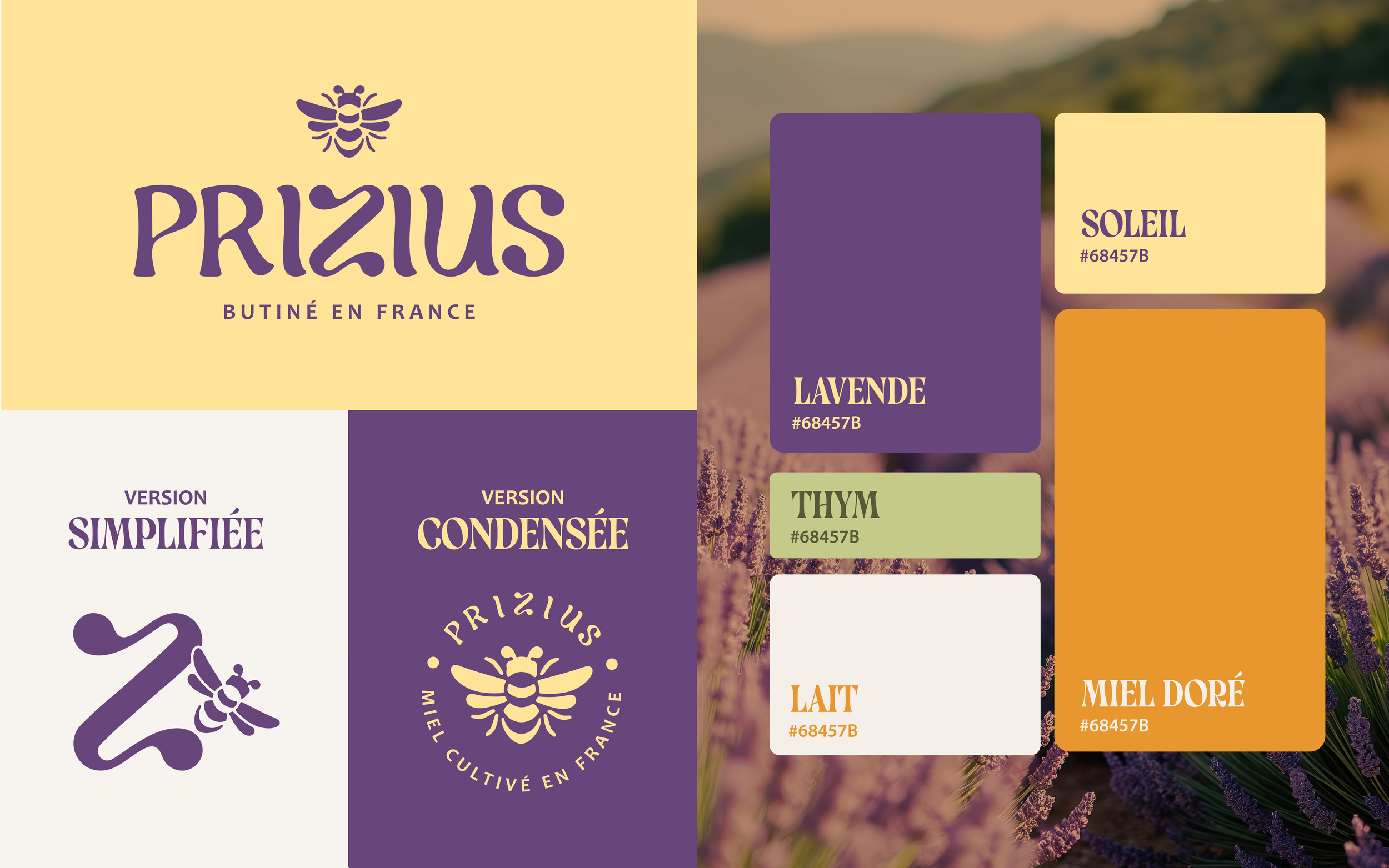Échantillons de beurre de prièreau en différentes versions : simplifiée, condensée, prizius, avec couleurs et descriptions de saveurs telles que soleil, lavande, thym, lait, miel doré.