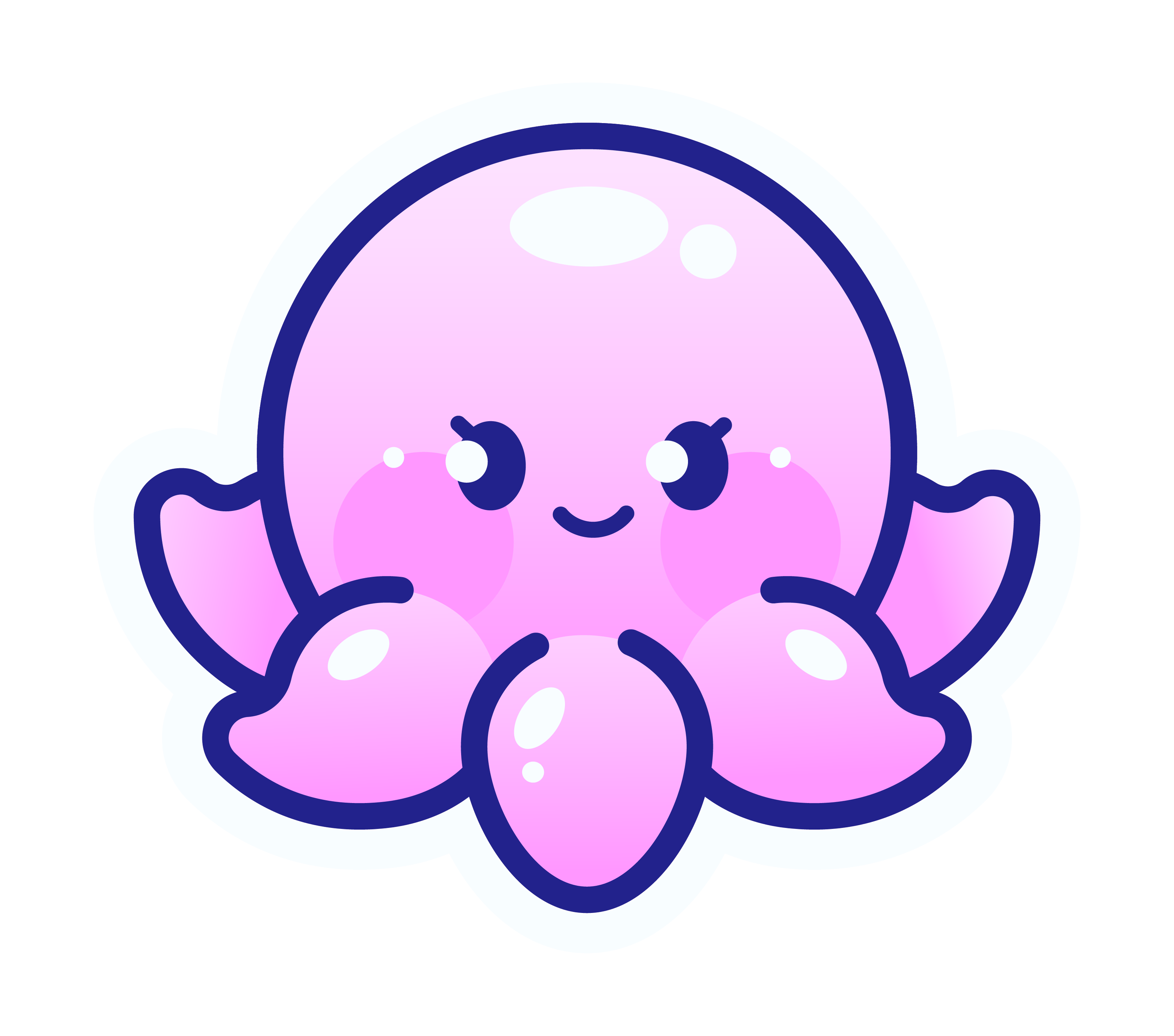 Un dessin cartoon d'un bébé avec une peau rose et des joues roses, de grands yeux noirs avec des reflets, une bouche souriante, des oreilles arrondies, une peau rose, et portant un bonnet en forme d'arc-en-ciel coloré.