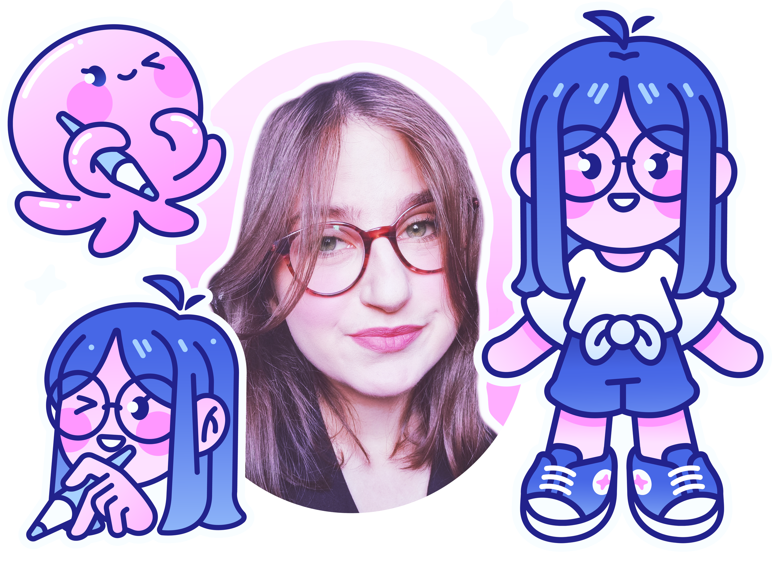 Une femme avec des cheveux bruns et des lunettes rouges, entourée de dessins de personnages mignons et colorés, dont deux filles en style cartoon, une avec des cheveux longs et une autre avec des lunettes et des cheveux en couette.
