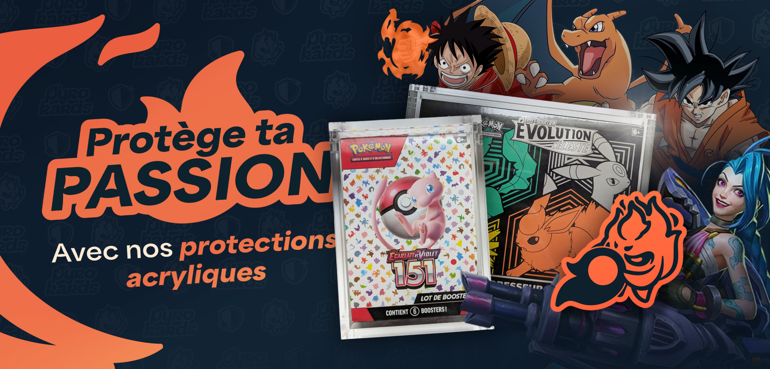 Une affiche promotionnelle avec des personnages de dessins animés et des jeux vidéo, mettant en avant des protections en acrylique avec la phrase 'Protège ta PASSION'.
