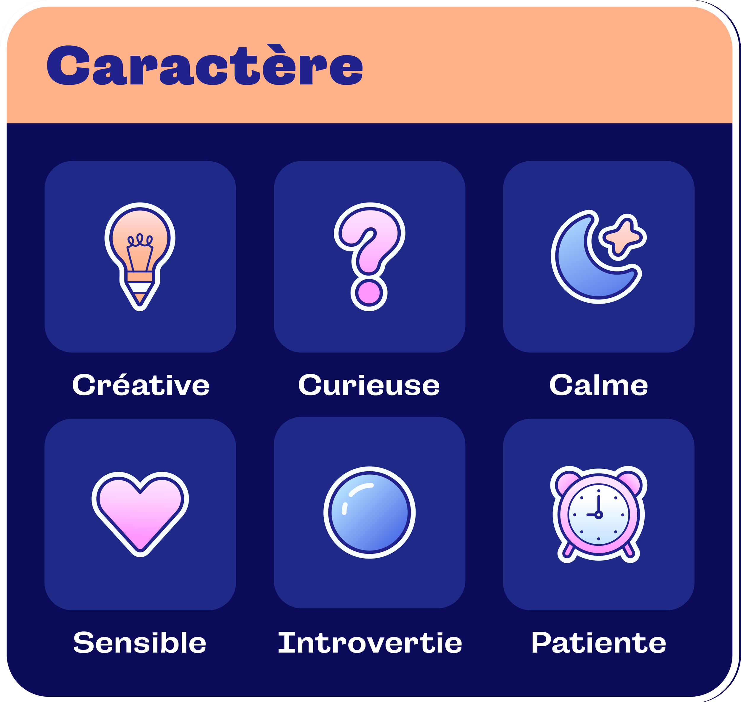 Une image montrant différentes caractéristiques de personnalité, avec des icônes représentant une ampoule, un point d'interrogation, une lune avec une étoile, un cœur, une boule et une horloge, accompagnée de mots tels que Créative, Curieuse, Calme, Sensible, Introvertie, Patiente.