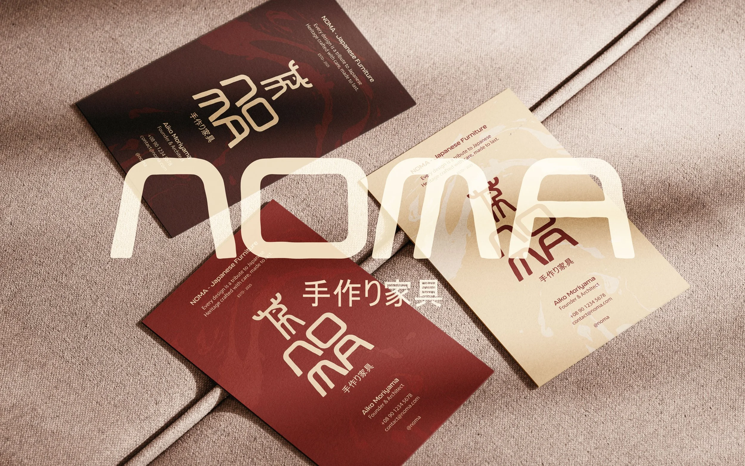 Cartes de visite de la société NOMÁ, mettant en avant le design japonais de meubles artisanaux, avec du texte en français, anglais, japonais et chinois, sur une surface en tissu beige.