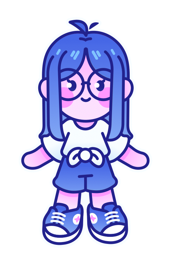 Dessin d'une fille avec des cheveux longs et bleus, portant des lunettes rondes, un t-shirt blanc, un short bleu avec un nœud à la taille, et des baskets bleues.