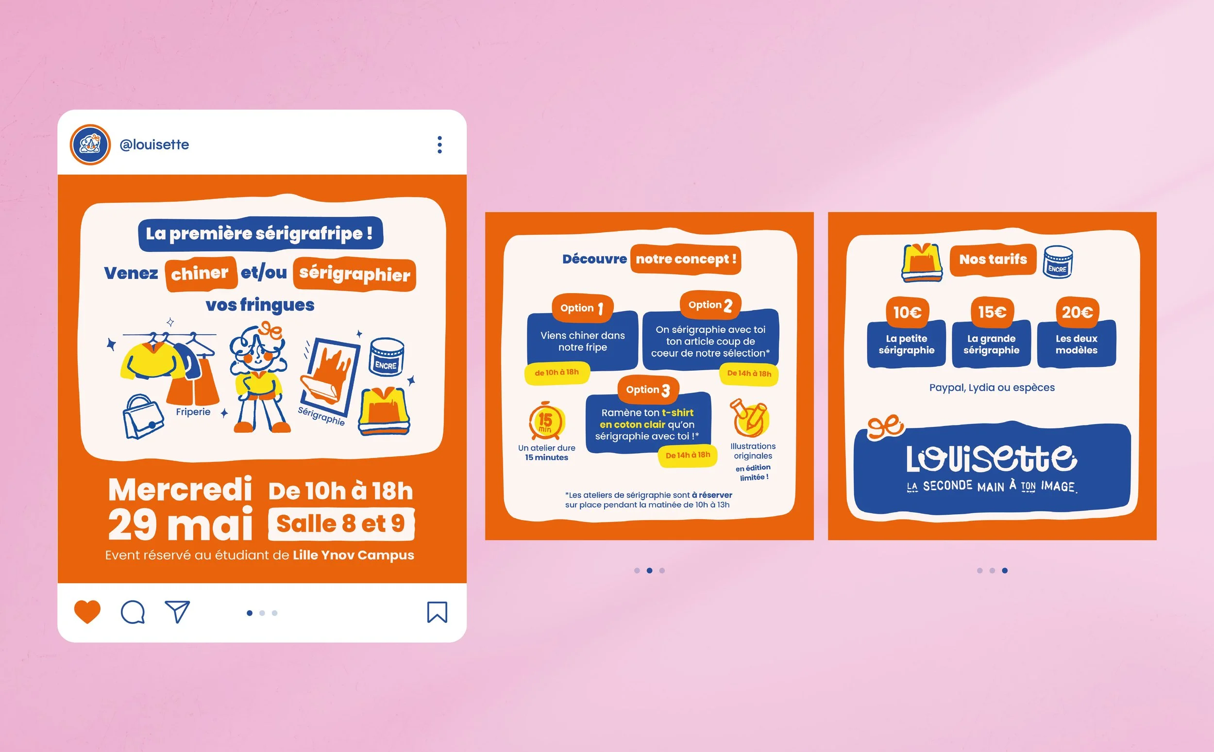 Une affiche promotionnelle annonçant un événement sur la sérigraphie, organisé le mercredi 29 mai de 10h à 18h à la salle 8 et 9, destiné aux étudiants de Lille Ynov Campus. L'affiche invite à venir faire du « chiner » et du sérigraphier ses fringues, avec des options pour découvrir le concept, ramener un T-shirt en coton clair et connaître les tarifs de 10 à 20 euros.
