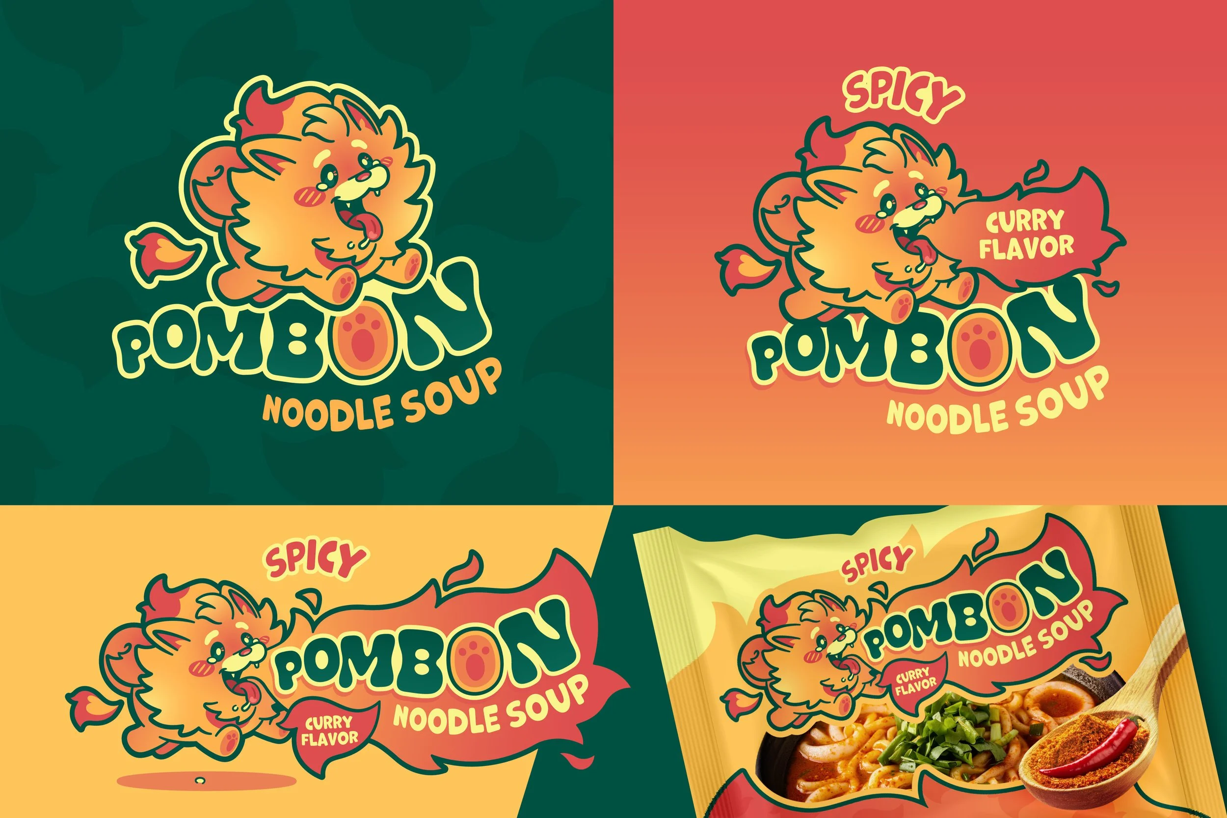 Emballage de soupe de nouilles épicée Saveur curry avec illustration d'un chat mignon et souriant, couleurs vives et texte "POMBE 🚀 ORN NOODLE SOUP", avec des variantes de fond de différentes couleurs, montrant différentes versions de l'emballage.